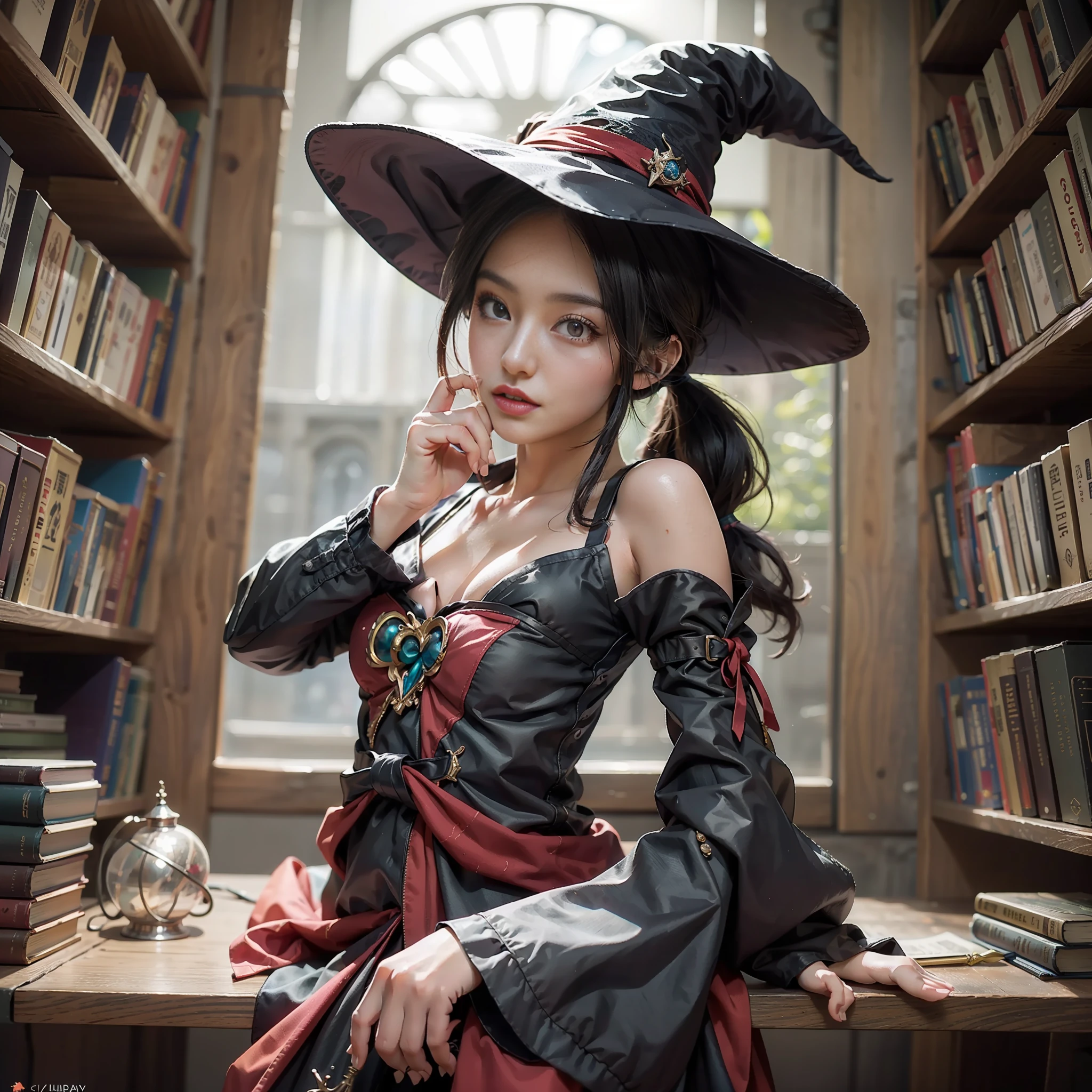 (masterpiece), (best quality), photorealism, realistic, ultra detailed, 8k resolution, (1girl), solo, beautiful girl, black twintail hair, sexy, witch, front light, cinematic light, cold light, library , witch hat, red clothes, indoor, mystery, fantasy, , small breast, exposed breast, holding magic wand