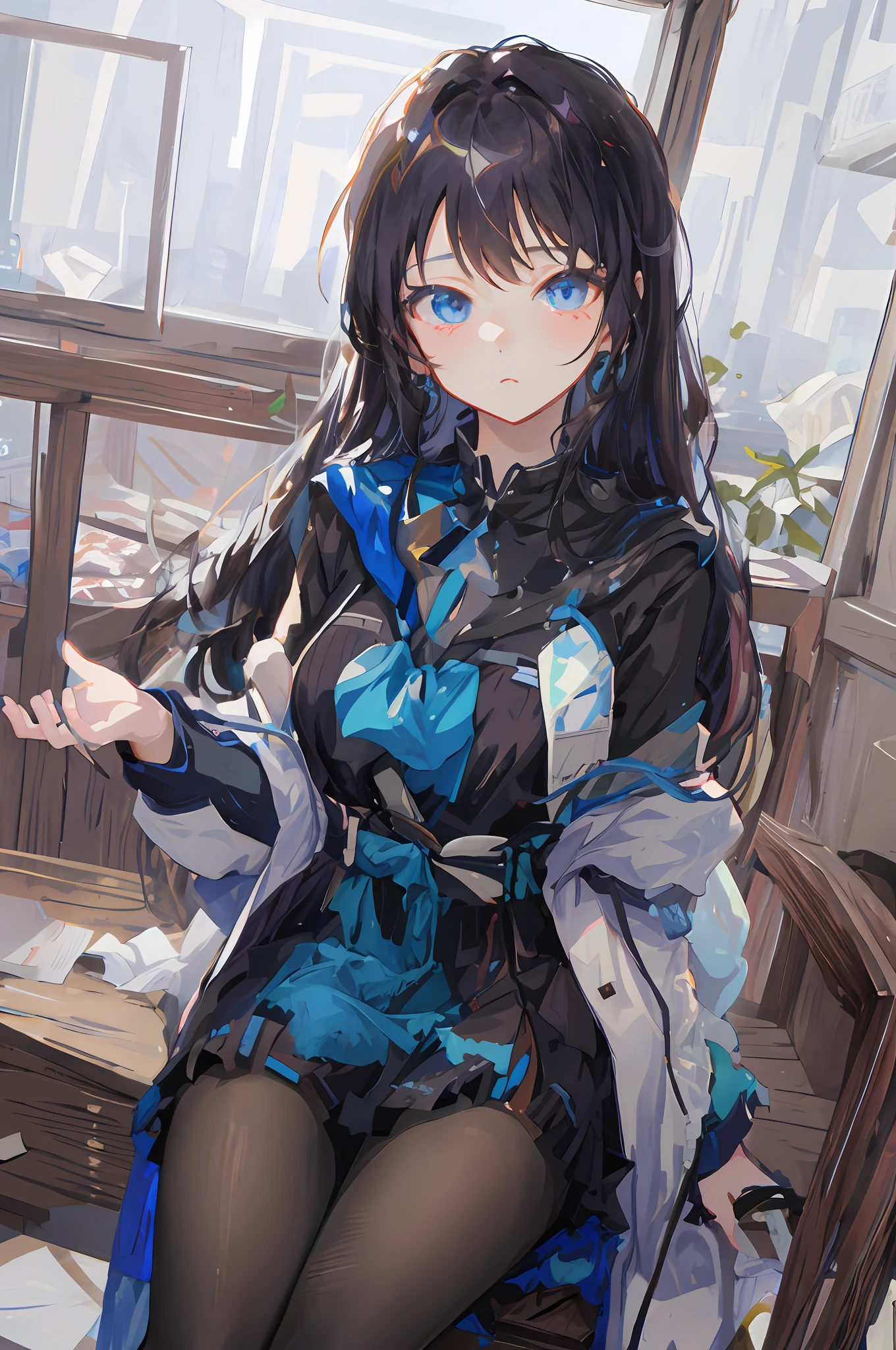 Anime girl sitting in chair，Blue dress and black hair, cute anime waifu in a nice dress, Anime moe art style, Kawasi, Beautiful anime girl, Guweiz in Pixiv ArtStation, Guviz, style of anime4 K, An anime girl, From Arknights, (Anime girl), pretty anime girl, Anime girl with long hair