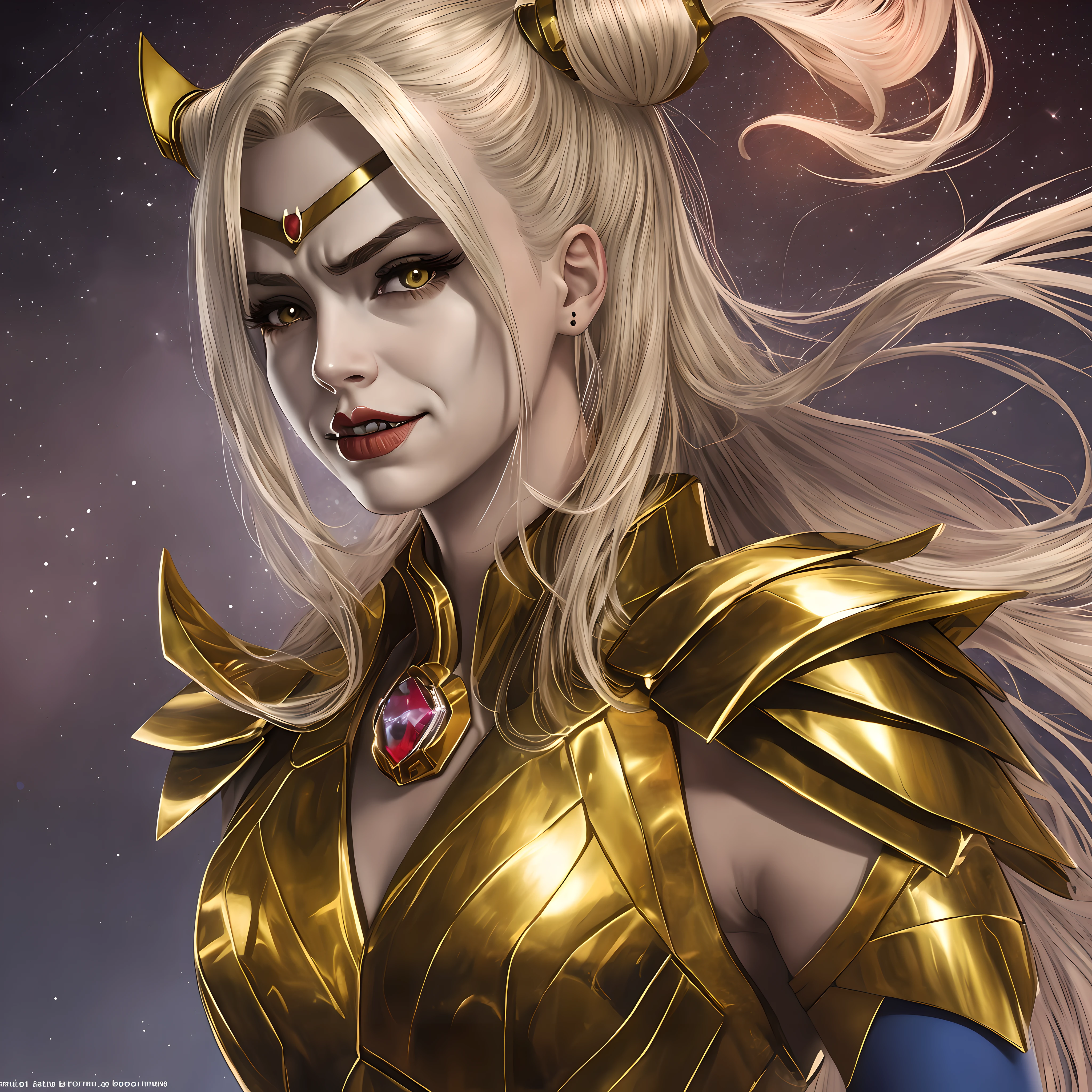 哈莉奎茵有著對稱的娃娃臉, 光滑的瓷質皮膚，幾何對稱的盔甲，來自《聖鬥士星矢》動畫中的黃金騎士.