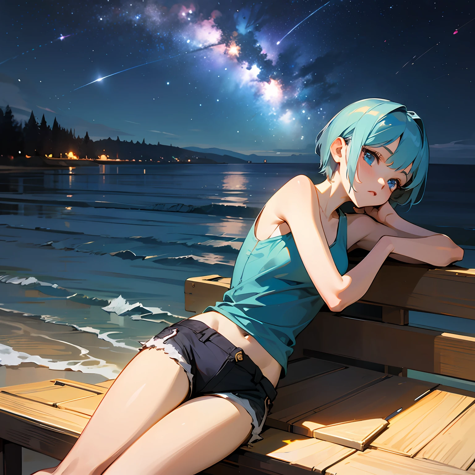 Anime girl sitting on a bench looking at the ocean at night - SeaArt AI