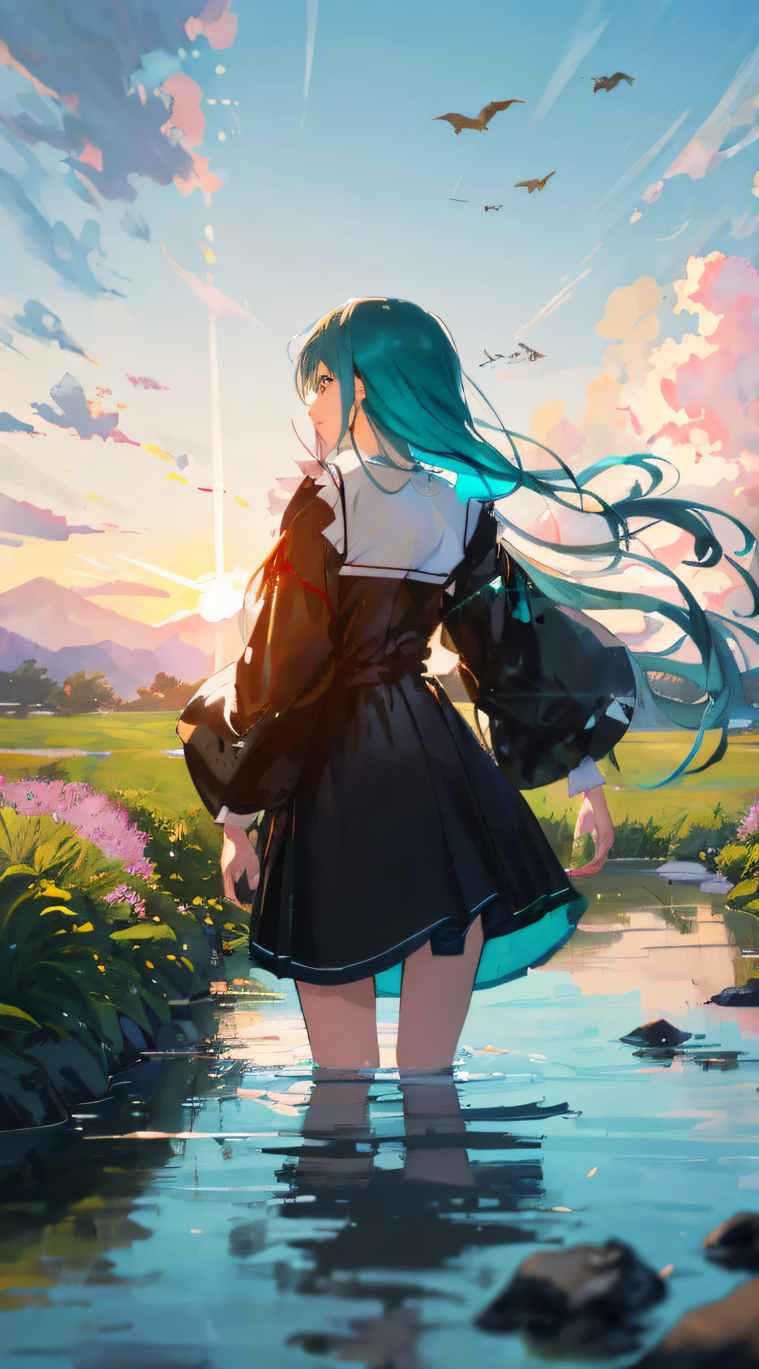 Anime girl standing in the water with blue hair, style of anime4 K, Anime art wallpaper 8 K, Anime art wallpaper 4 K, Anime art wallpaper 4k, Anime girl with teal hair, Anime girl walking on water, Anime wallpaper 4 k, Anime wallpaper 4K, Anime style. 8K, 4K anime wallpaper, anime styled digital art