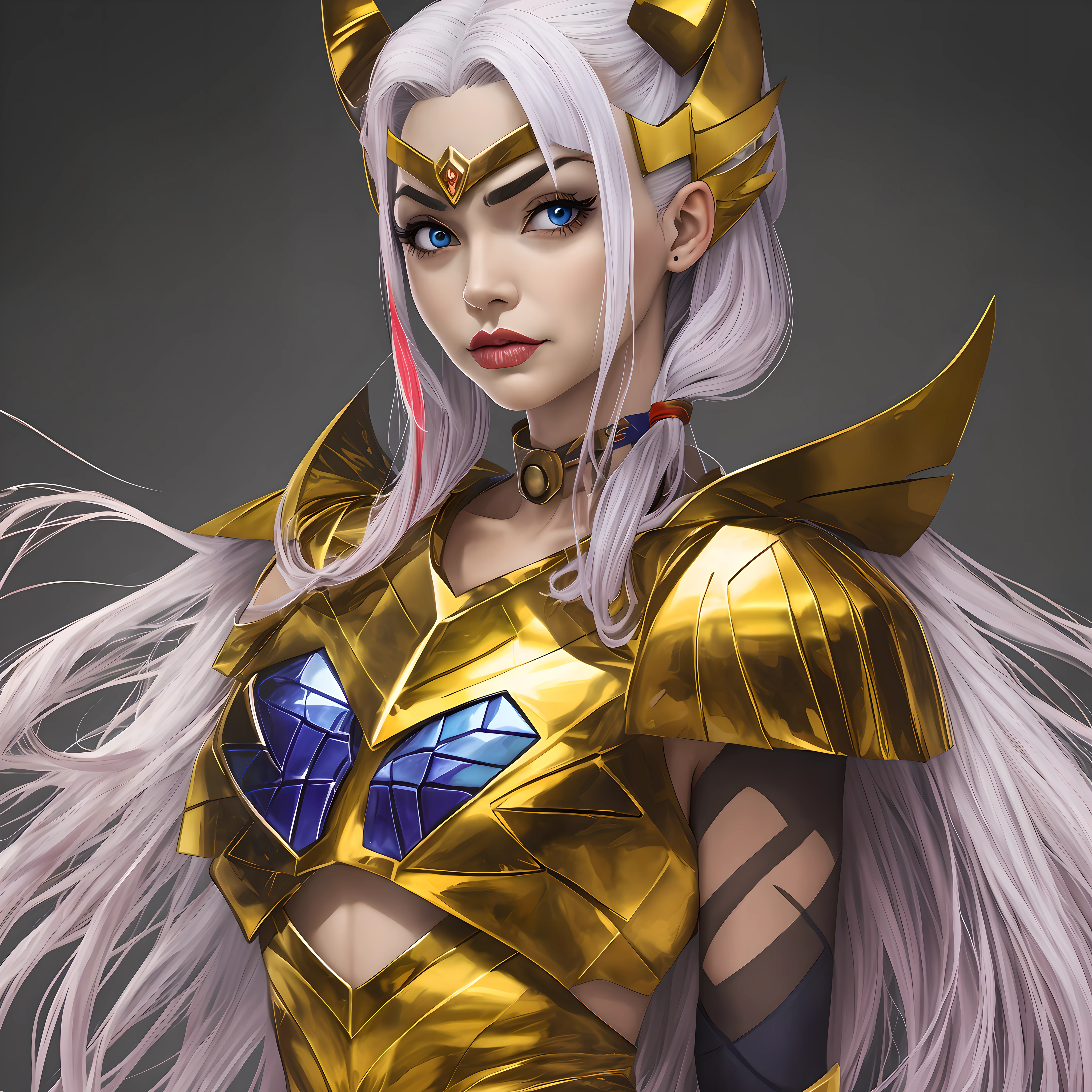 Harley Quinn with symmetrical baby face, with smooth porcelain skin with geometrically symmetrical armor of a golden knight from the Saint Seiya anime.