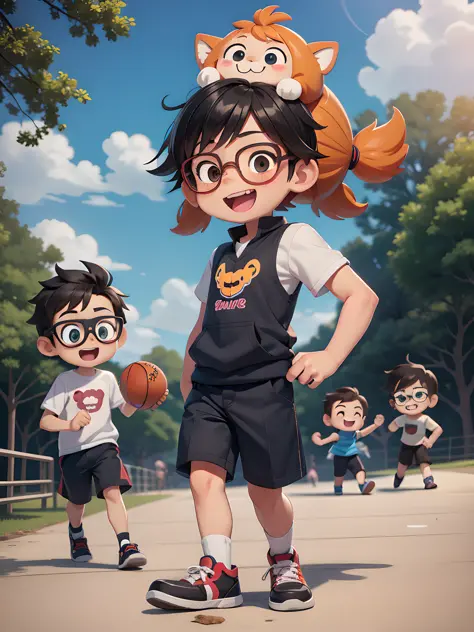 a little boy playing ball his friends, multiple character, wearing glasses, playing together, happy expression, park, cute, chib...