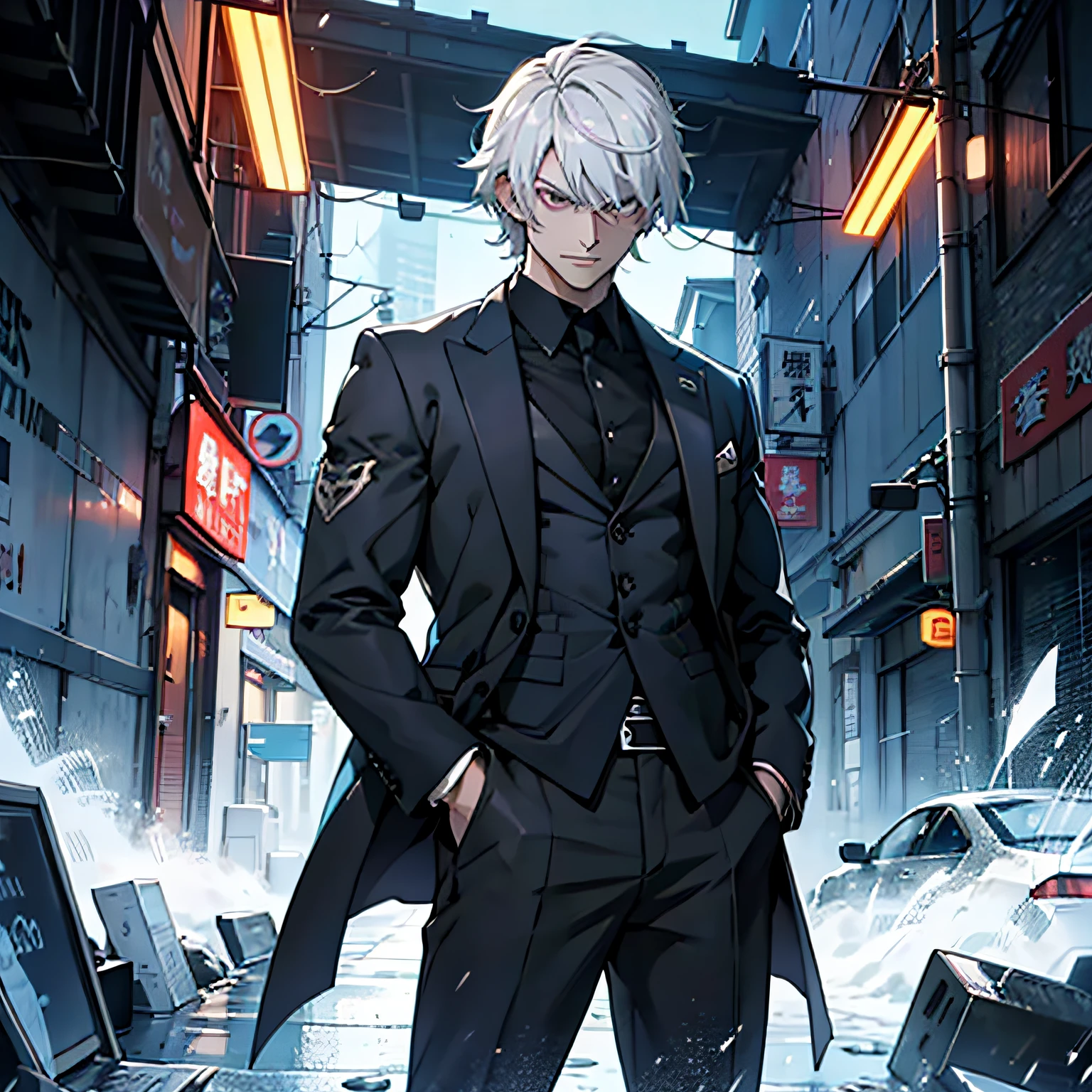 Tall, , blacksuit, Black-gray pupils, Handsome, Silvery-white skin, Serious expression, Cold, Invincible, Silver-white hair, quadratic element, Silver hair, Parted bangs, Anime style, Cinematic lighting, Masterpiece, Best quality，ssmile，standing on your feet，Put your hands in your pockets，The strongest combat effectiveness，Have a sense of humor ，male people，cool guy，frontage,Grows tall,Honkai,Armageddon