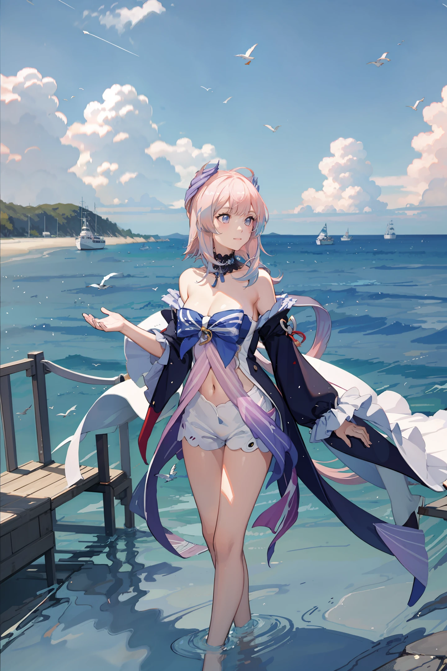 Mature pink hair anime girl seaside seabird a boat