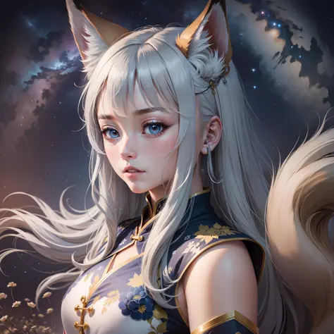 Blue pupil,Gray-haired women，Fox ears，Foxtail，frontage，is shy，under the starry night sky，Chinese white clothes,high qulity，Top