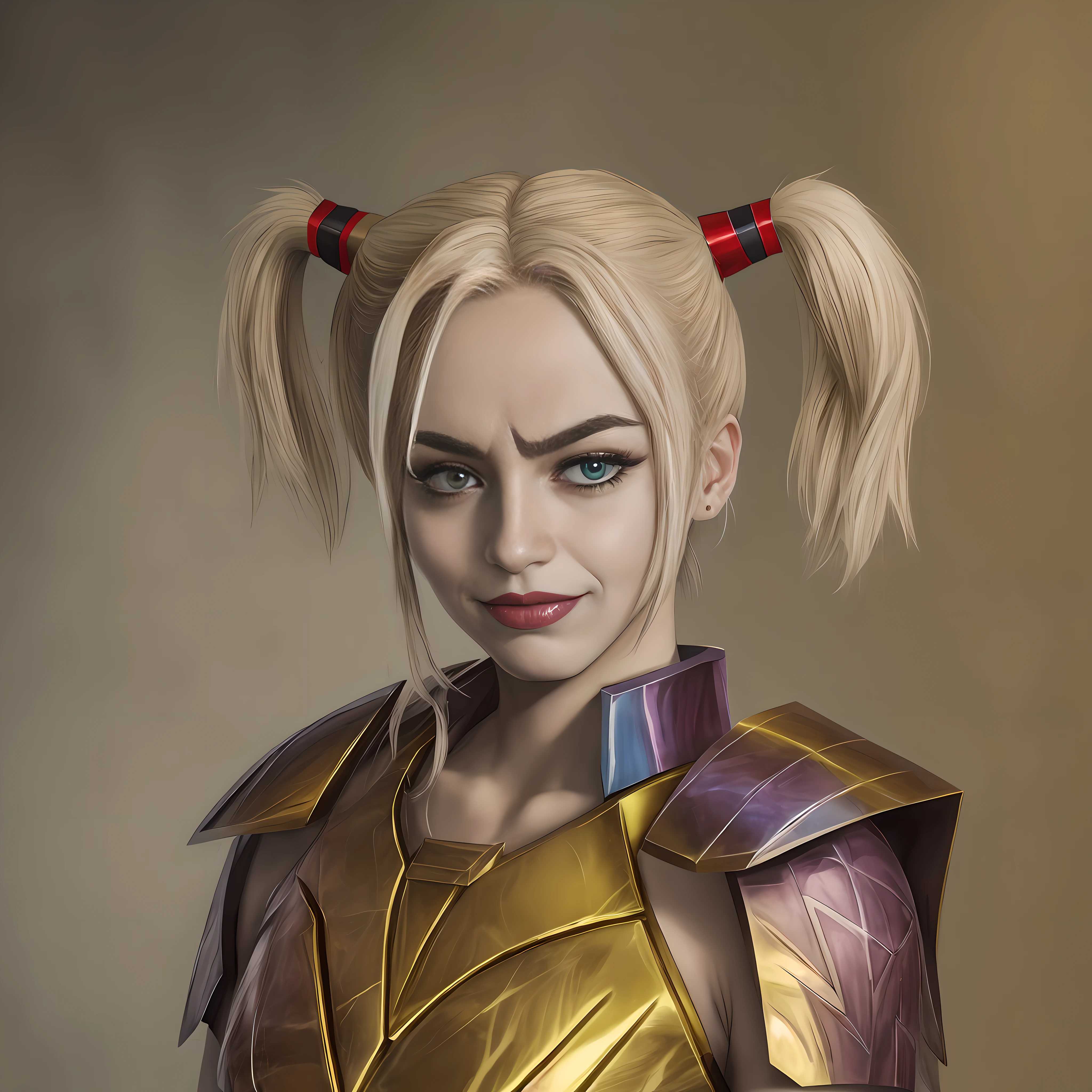哈莉奎茵有著對稱的娃娃臉, 光滑的瓷質皮膚，幾何對稱的盔甲，來自動畫《聖鬥士星矢》中的黃金騎士.
