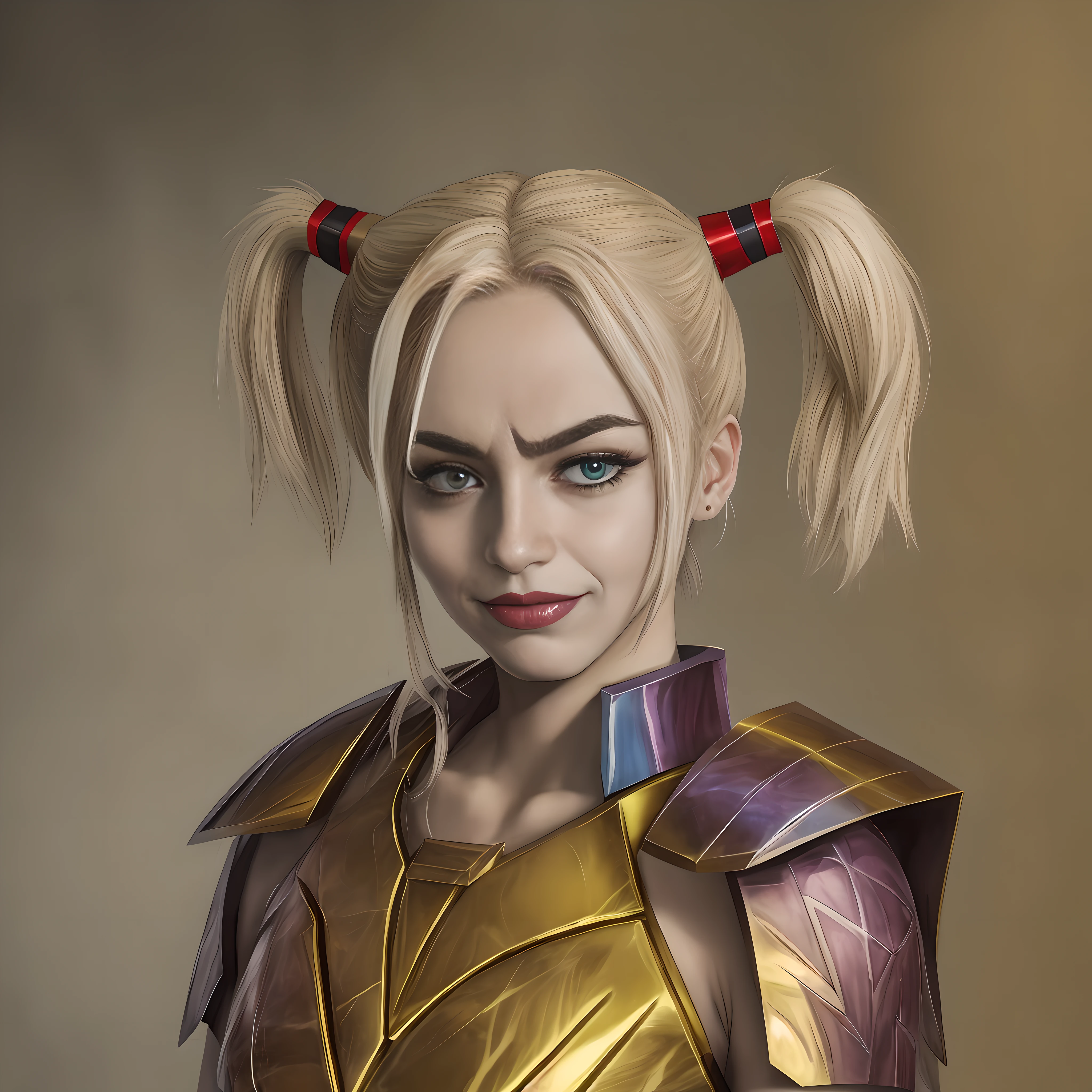 Harley Quinn com rosto de bebê simétrico, com pele lisa de porcelana com armadura geometricamente simétrica de cavaleiro dourado do anime Saint Seiya.