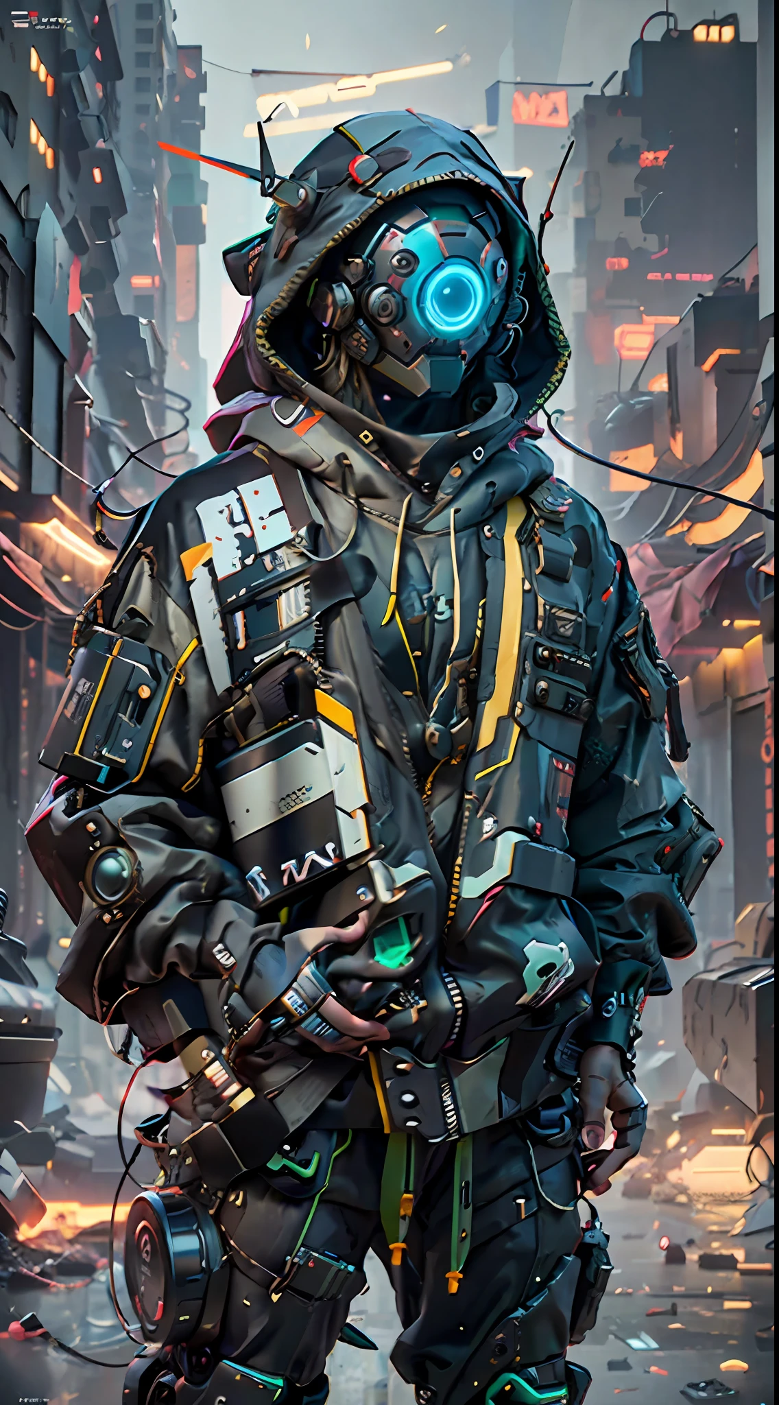 A realistic DSLR photo of a cowboy mecha, wearing a black and green suit with a backpack. The suit is a mix of Cyberpunk asymmetrical Streetwear and oversized Cyberpunk style. The character is in a dangerous, ghetto-like street environment. He is a futuristic cyberpunk soldier or mercenary, with advanced technology including robotic arms and a cyber helmet with a HUD display. The clothing is all black and baggy, with the hood of the hoodie over the cyber helmet. The scene is lit with cinematic lighting and has a futuristic, intimidating feel. The image is rendered in Octane, at 4k resolution, with Maya and Substance used in the creation process.