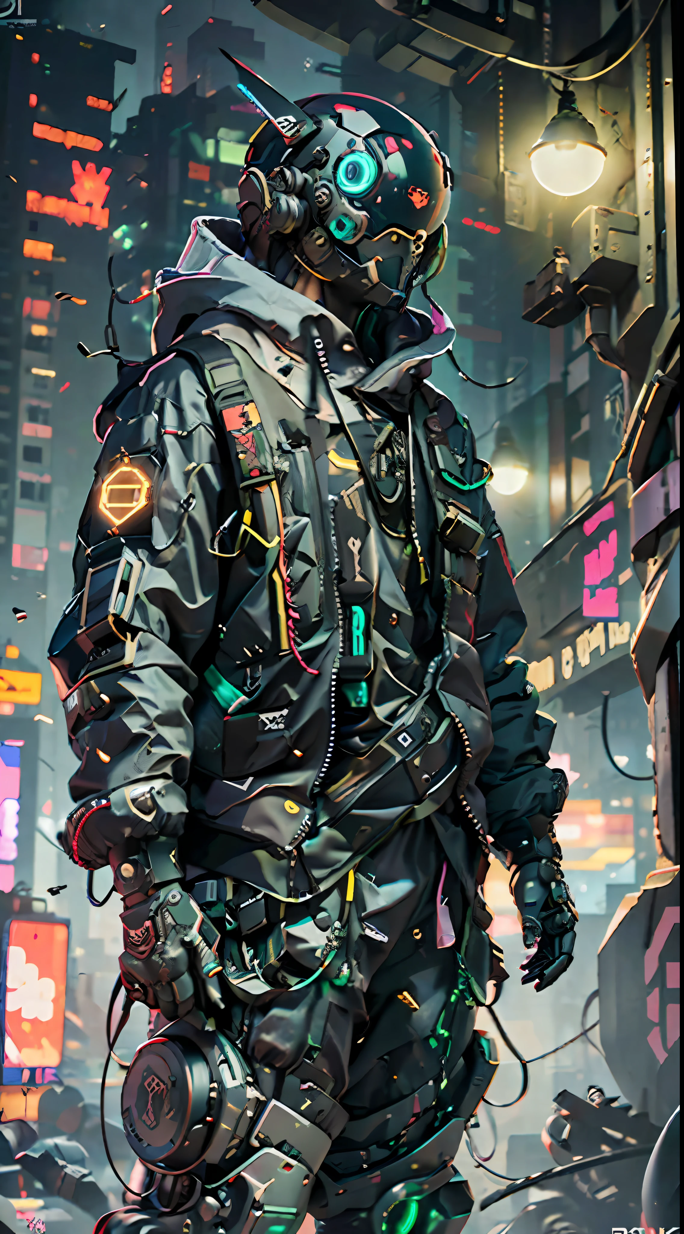 Una foto DSLR realista de un mecha vaquero, Llevar un traje negro y verde con una mochila. El traje es una mezcla de Streetwear asimétrico Cyberpunk y estilo Cyberpunk de gran tamaño.. El personaje está en un peligroso, Ambiente callejero similar a un gueto. Es un soldado o mercenario cyberpunk futurista., con tecnología avanzada que incluye brazos robóticos y un casco cibernético con una pantalla HUD. La ropa es toda negra y holgada, Con la capucha de la sudadera con capucha sobre el casco cibernético. La escena está iluminada con iluminación cinematográfica y tiene un carácter futurista, sensación intimidante. La imagen se representa en Octane, a resolución 4K, con Maya y Sustancia utilizada en el proceso de creación.