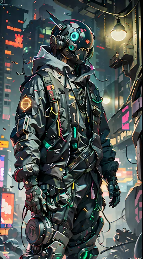 A realistic DSLR photo of a cowboy mecha, wearing a black and green suit with a backpack. The suit is a mix of Cyberpunk asymmet...