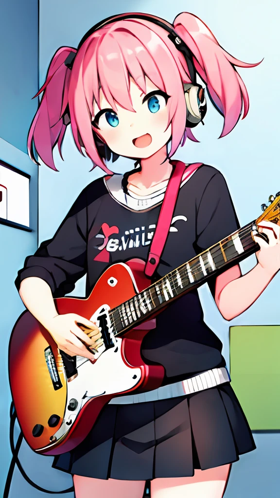 ((masterpiece, best quality)), 1girl, solo, black skirt, blue eyes, electric guitar, guitar, headphones, holding, holding plectrum, instrument, long hair,, music, one side up, pink hair, playing guitar, 褶皱裙子，黑色衬衫，室内