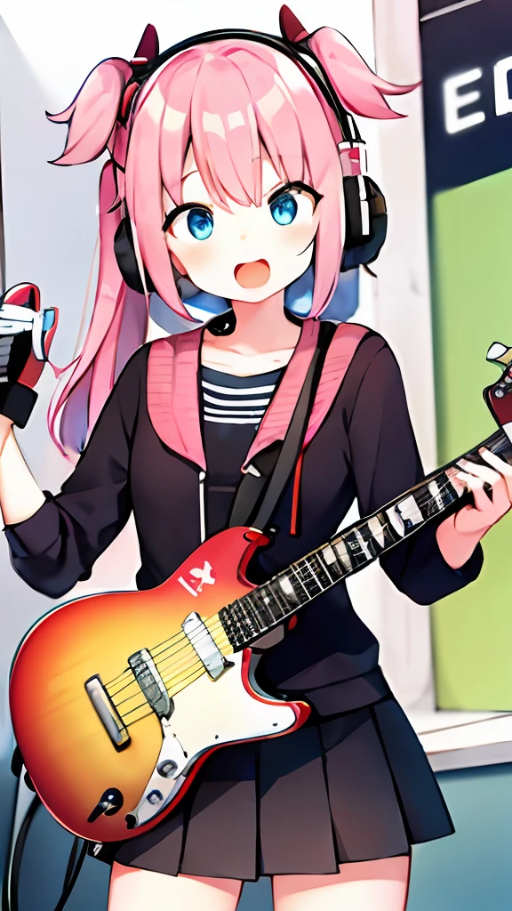 ((masterpiece, best quality)), 1girl, solo, black skirt, blue eyes, electric guitar, guitar, headphones, holding, holding plectrum, instrument, long hair,, music, one side up, pink hair, playing guitar, 褶皱裙子，黑色衬衫，室内