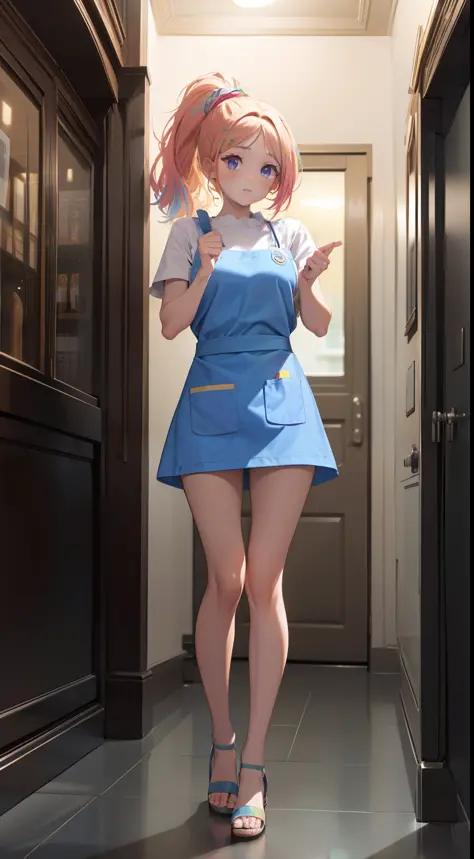 (((Masterpiece))), (best qualighy, best resolution:1.2), beautiful anatomy, perfect body, very delicate, super gorgeous composition, very beautiful hair, high ponytail, pink hair ornament, multicolored hair, absurderes, glowing eyes:1.2,  (ultra mini apron...