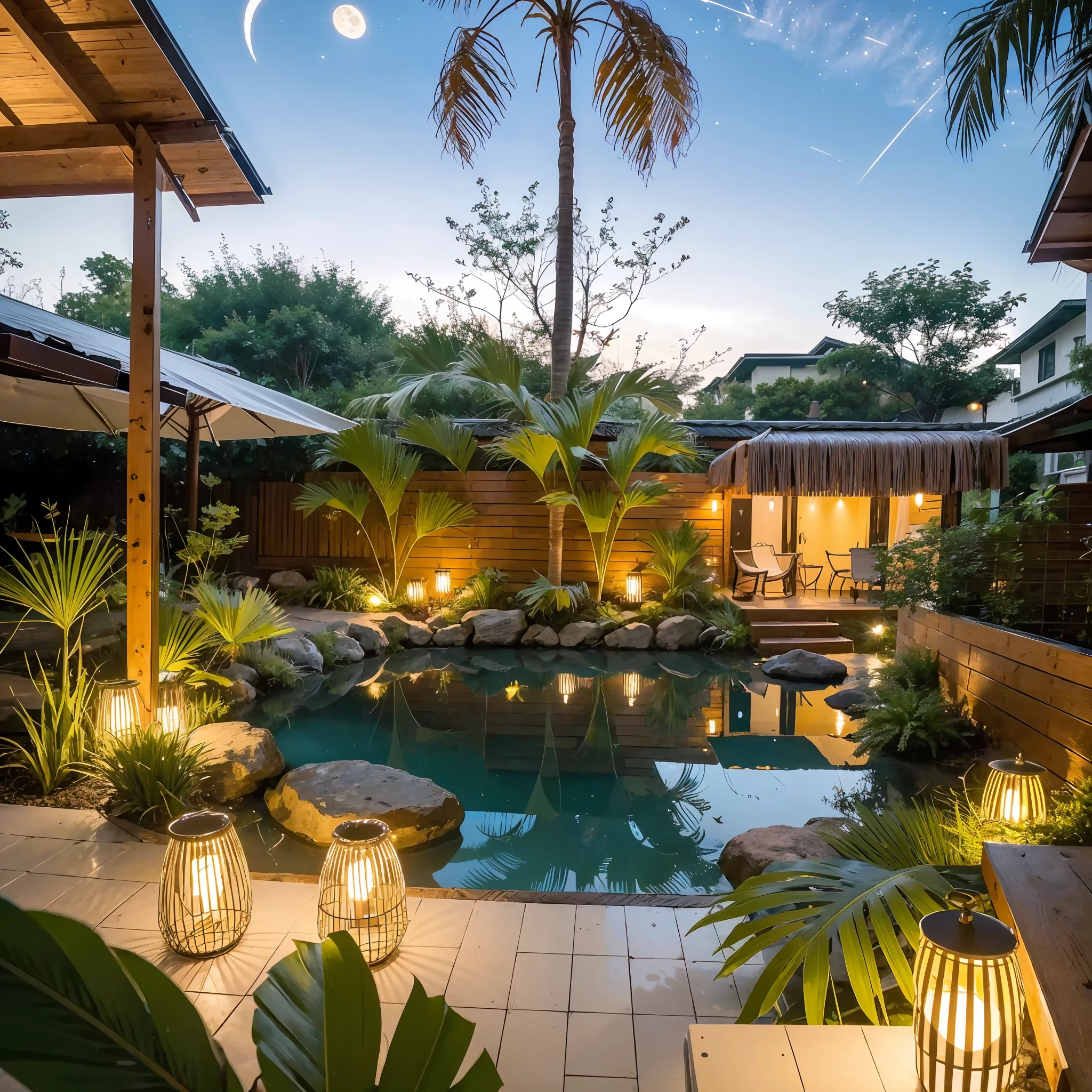 The lagoon is a shimmering mirror for the star-filled midnight sky, while the tiki bar provides a cozy soundtrack to the evening.