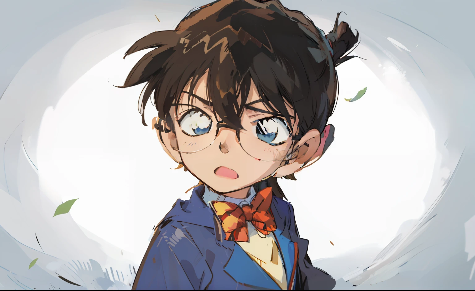 Anime boy with glasses and bow tie is watching something, anime moe art style, cel shaded anime, Serious face, Mystical, meitantei conan, red bowtie, Blue jacket,I have a tied hairstyle, shoun, Hair color is dark blue, Serious face, Open mouth, Facial pallor, There is a shadow on my face