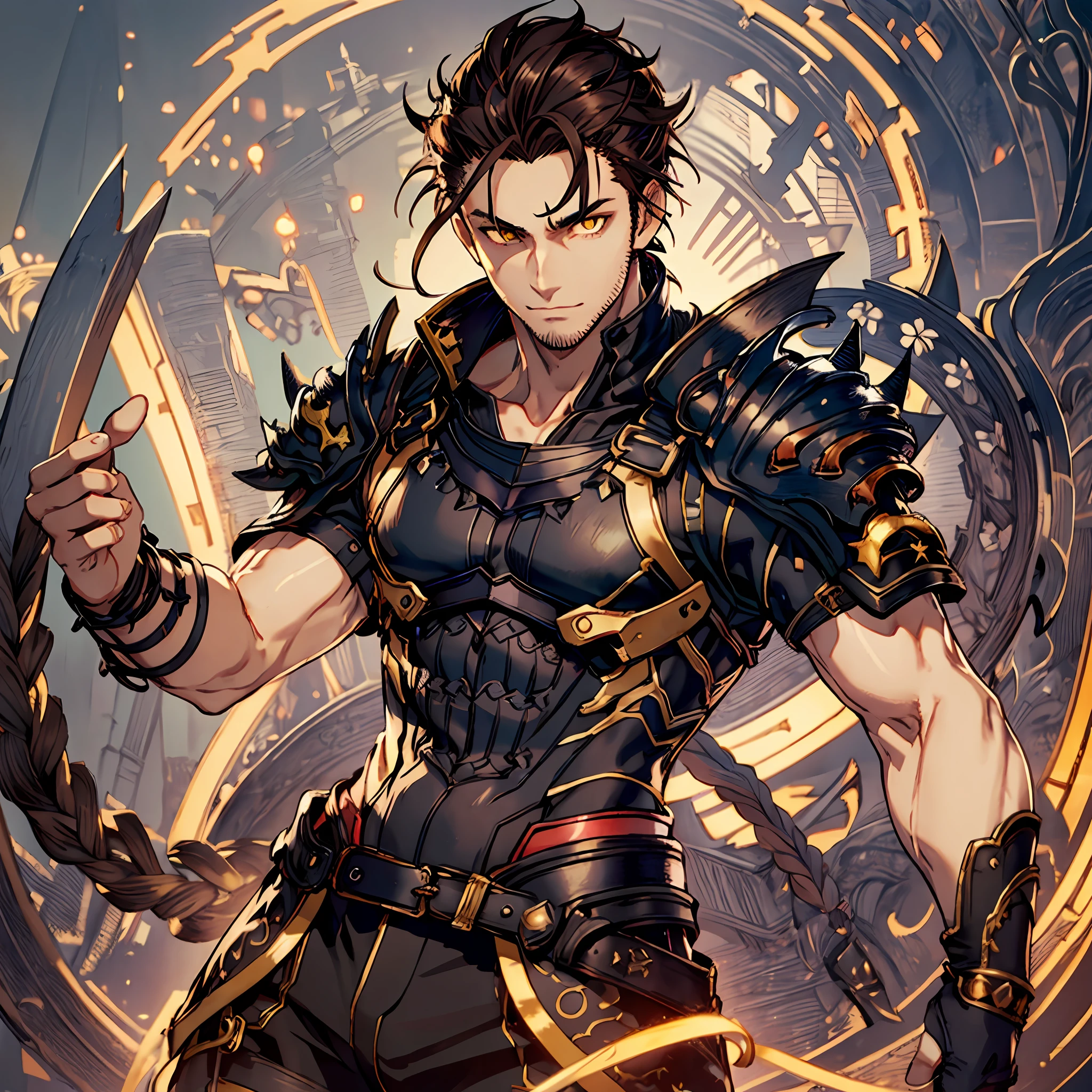 masterpiece, best quality, 1man, adult, male focus, solo, brown hair, black skinned, short swept back spiky hair with side braid, vibrant yellow eyes, looking at viewer, closed mouth, Fantasy aesthetics, Highly detailed, shadowverse style, fullbody, black attire