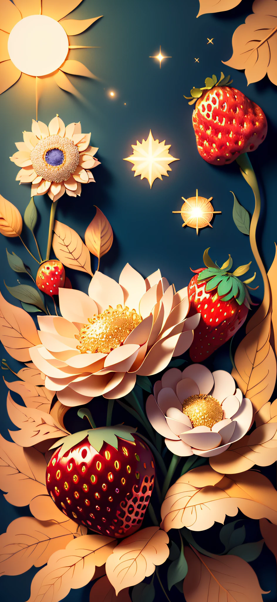 ((((masterpiece))), best quality, illustrations, beautiful details glow, golden glitters, paper_cut, strawberries, strawberry flowers, sun, sunlight