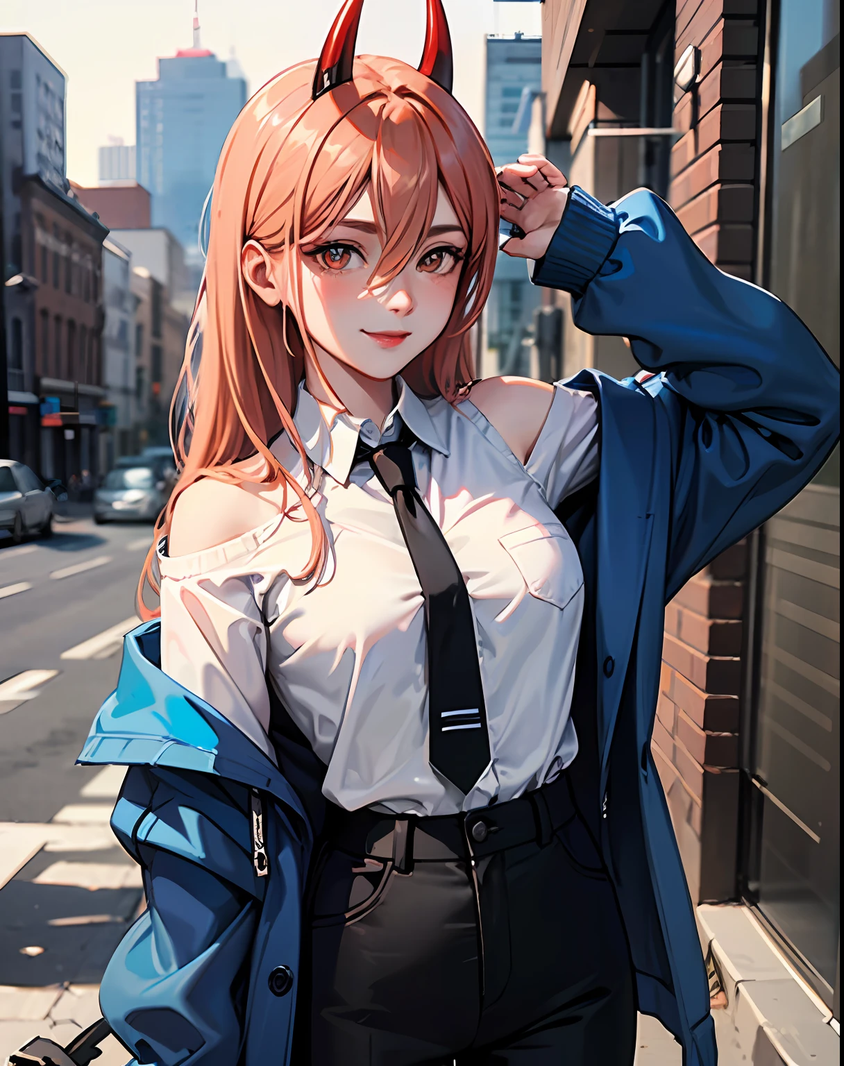 masterpiece, highly detailed, Best quality, ultra high res, 1girl,  horns, long hair, looking at viewer, medium breasts,  outdoor, power (chainsaw man), day, cowboy shot,  blush, smile, black necktie, blue jacket, pants, demon horns, cross-shaped pupils, collared shirt, hair between eyes, black pants, (off-the-shoulder:1.3), (partially_unbuttoned:1.2), white shirt