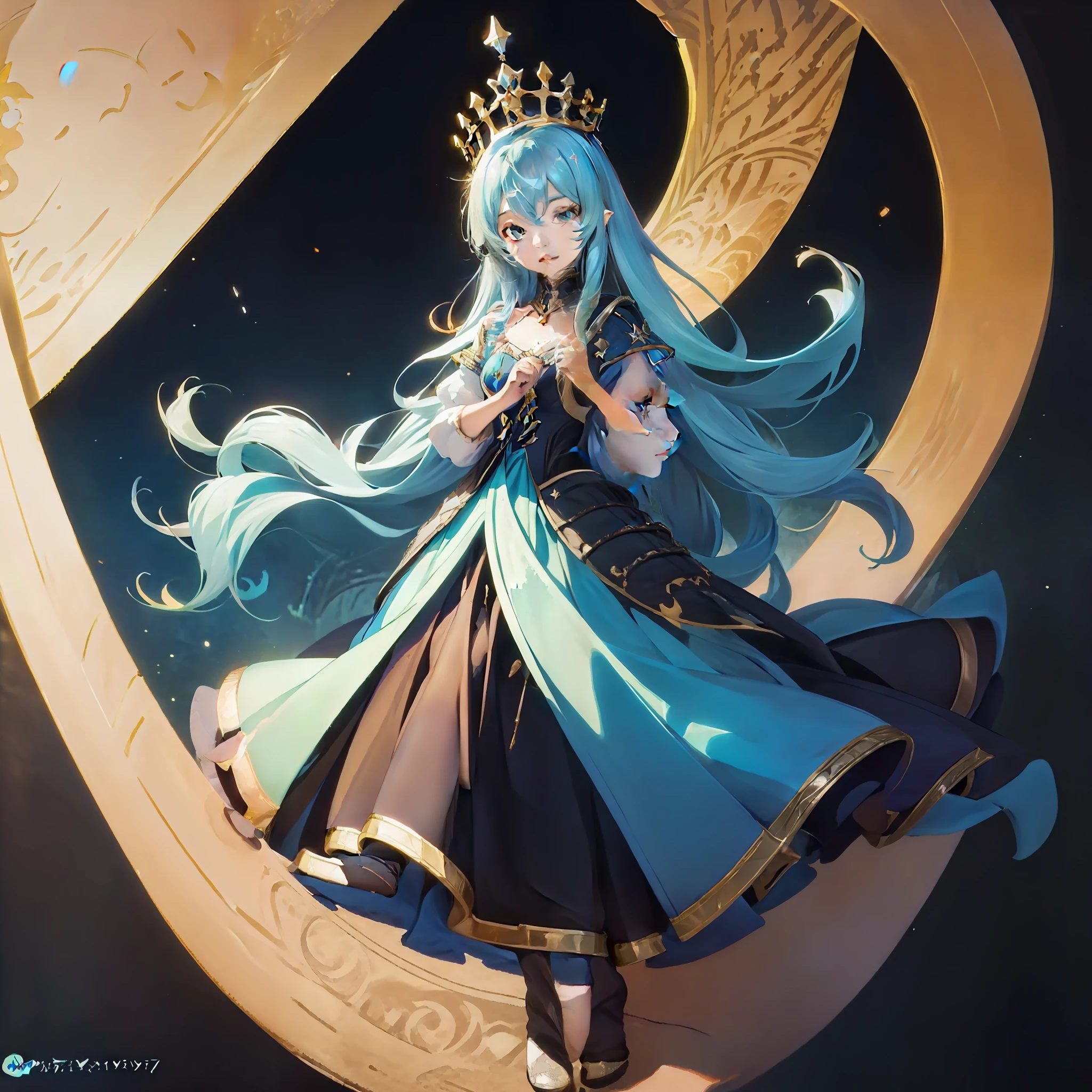 Anime girl with blue hair and a crown on her head, Trending on ArtStation pixiv, digital art on pixiv, ((a beautiful fantasy empress)), 8k high quality detailed art, zerochan art, royal elegant pose, Pixiv Contest Winner, cushart krenz key art feminine, ArtGerm on ArtStation Pixiv, anime goddess