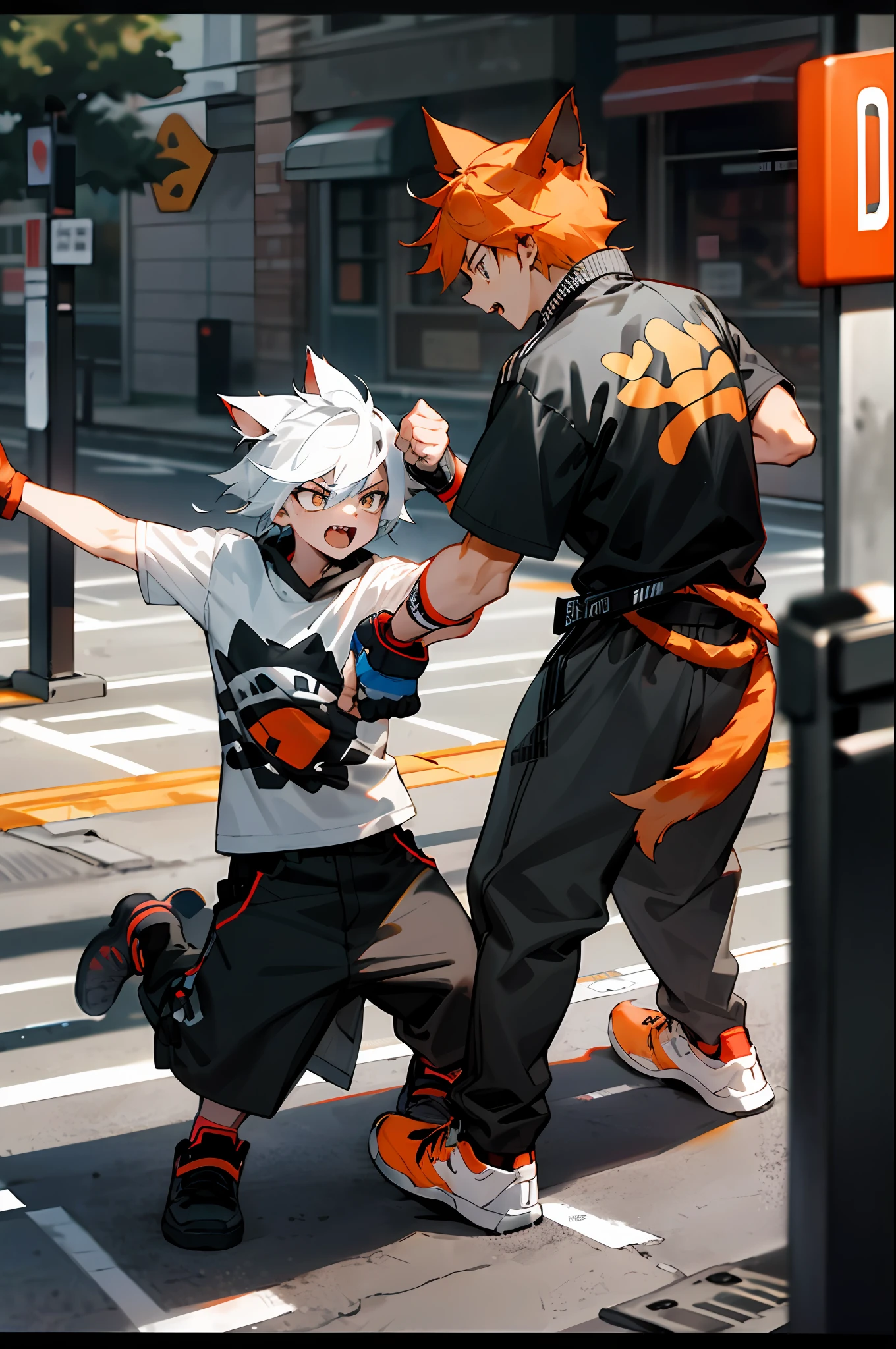 Anime characters are fighting in the street with each other - SeaArt AI