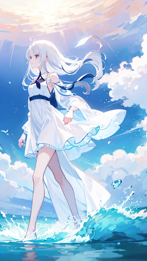 Anime girl walking on beach in white dress，Long white hair, white hair floating in air, Flowing white hair, ethereal anime, Anim...