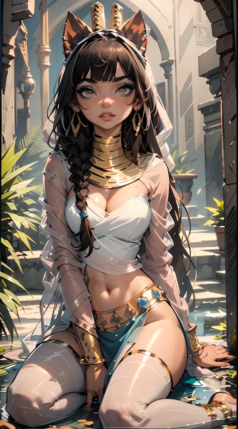 a girl from Ancient Egypt, 1girl,

(large breasts:1.4), saggy breasts, (((twin braids, tight braids,,, long braid, braided hair, Hime Long Haircut,  Dark hair, black hair,  colored inner hair))), ((violet eyes:1.3, Perfect eyes ,beautiful detail eyes, The ...