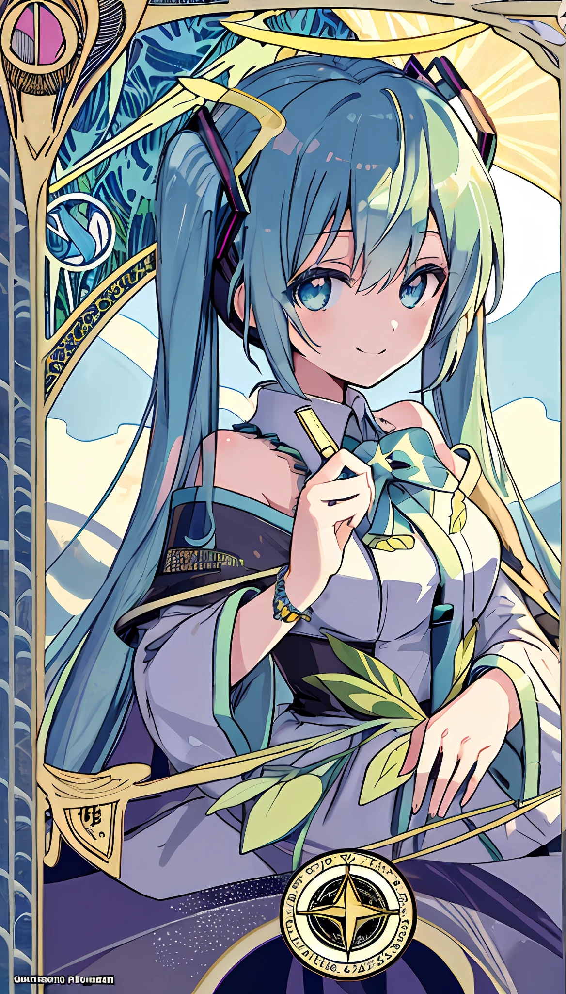 masutepiece, best_quality, Ultra-detailed, Illustration, (Art Nouveau:1.4), viewfinder, miku hatsune), Pink hair, Twin-tailed, Hair Ornament, Upper body, Looking at Viewer, Alphonse Mucha, (tarot:1.3), ((Solo)), ((miku hatsune)), Star \(skyporn\), Starry sky, Star Halo, Angel wings, Capelet, Smile, Top hat,