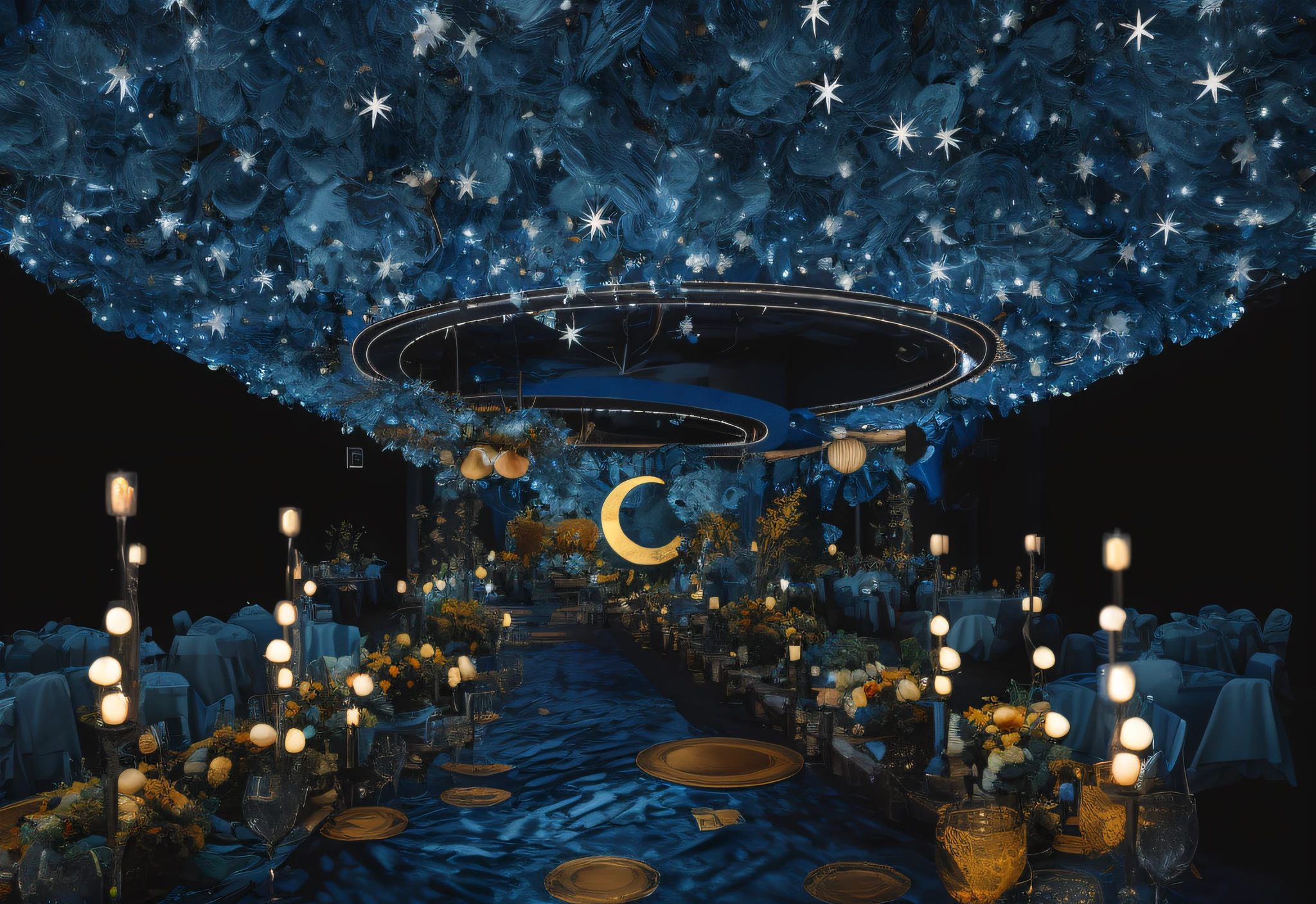 （Van Gogh，himawari，Starry Mond, Mond，Blumen）， (fotorealistisch:1.5), （gute Schatten），Gute Konstruktion，Volumetrische Beleuchtung，filmisches Licht，（HöchsteQualität，Preisgekrönt，Meisterstück：1.5），chies，Hochzeitssaal，Hochzeitsdesign-Renderings，Klarer，8K，ultrahohe Auflösung，Die Designfarbe ist Blau，Wunderschön eingerichtet，3D-Darstellung von，Hochzeitsbankettsaal，themoon，hyper HD，Sternenlichter，