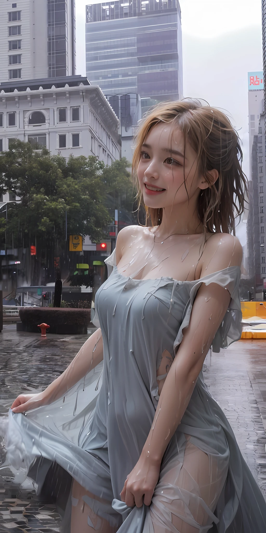 Best picture quality, masterpiece, ultra high resolution, (fidelity :1.4), photo, 1 girl,[(shame grin)],white dress, (Rain, Street:1.3), (((Dim))), (((desperate))), (((dark, cinematic))),(Torn dress:1.5), (Wet dress:1.4), bare shoulders,Real rain,wet hair,standing, outdoors, (((wind lift)))