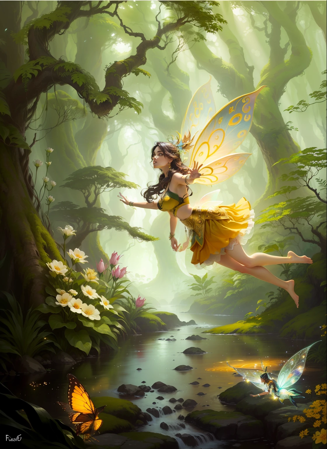 A painting of a fairy flying over a stream in a forest - SeaArt AI