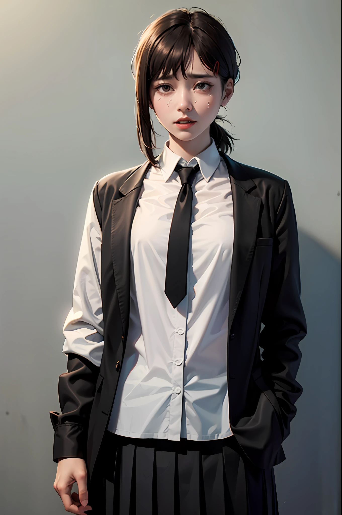 detaileds, 8K, detailed shadow, looking at the spectator, 1girl in, 独奏, bulging eyes, slight smile, perspiring, tension, Tears, Maniacal, tiarra, skirt by the, 独奏, neck tie, breastsout, jaket, The shirt, brown haired, Formal, shirt with collar, shorth hair, Gradient background, long-sleeve, Shadow, gradients, Brown-eyed, Tears, white  shirt, Suits, a black skirt, looking at the spectator, bangss, office girl, silently, Black jacket, (​masterpiece、top-quality)、Facing forward