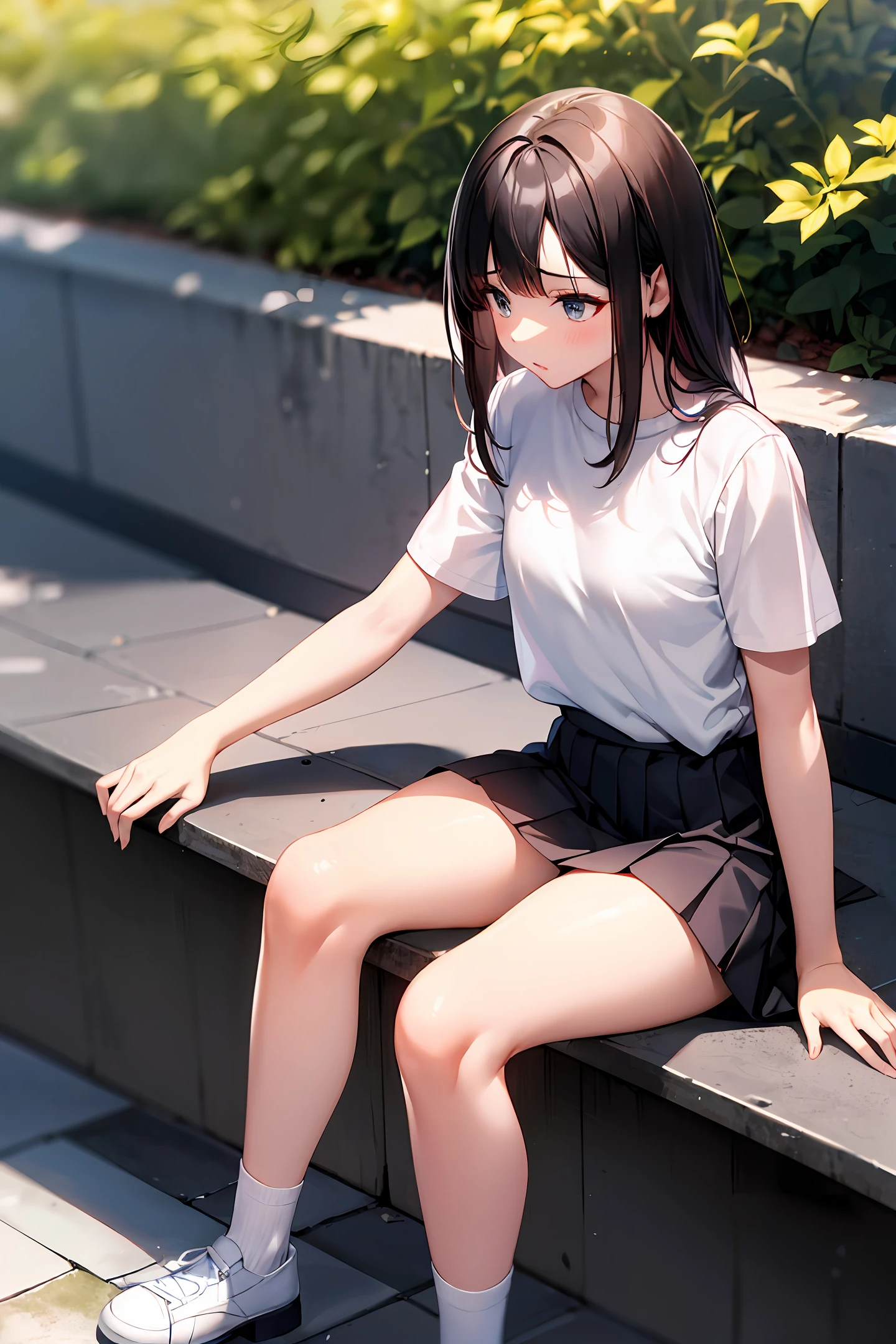 Anime girl sitting on a bench with her legs crossed - SeaArt AI