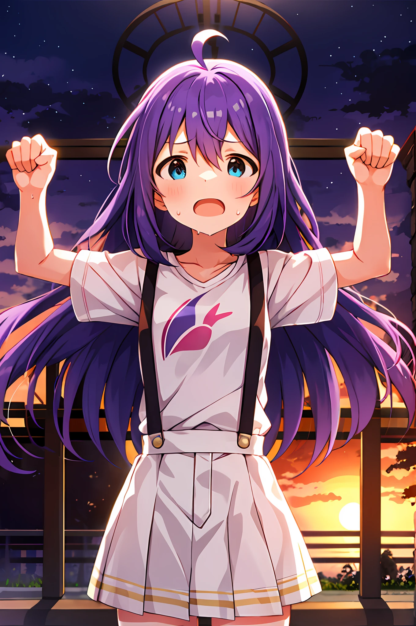 mochizuki anna,1girl in,Solo,Long hair,Purple hair,Small_Ahoge,Blue eyes.Short stature.white t-shirts.suspenders.Skirt.Evening glow.the setting sun.Spread your arms.Despair face.Sweat.Opening Mouth.clench your fists.up chest.