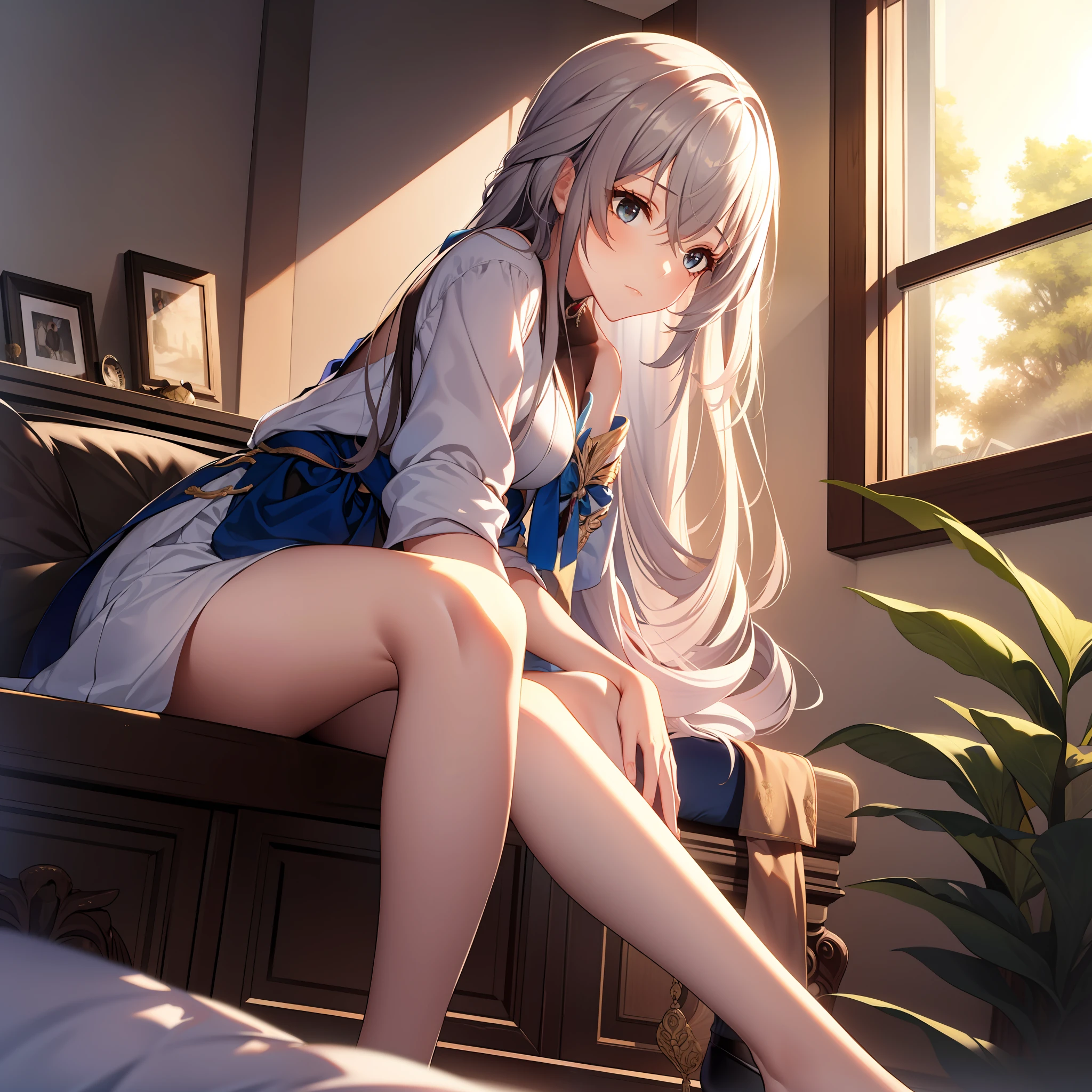 1girl, sitting on chair, shoes off, hand on knee, looking out of window, camera from bottom up, bedroom background, golden hour light, masterpiece, extremely detailed