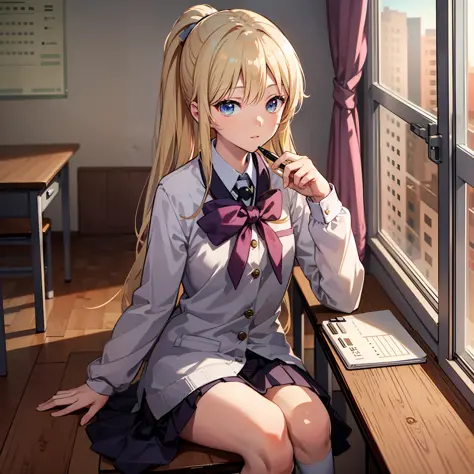 a blonde hair，High ponytail，long whitr hair，Japanese schoolgirl uniform，Upper body body，shyexpression，In the classroom，sitting on a stool，Side view，looks into camera，Ballpoint pen in hand，There are exercise books on the table