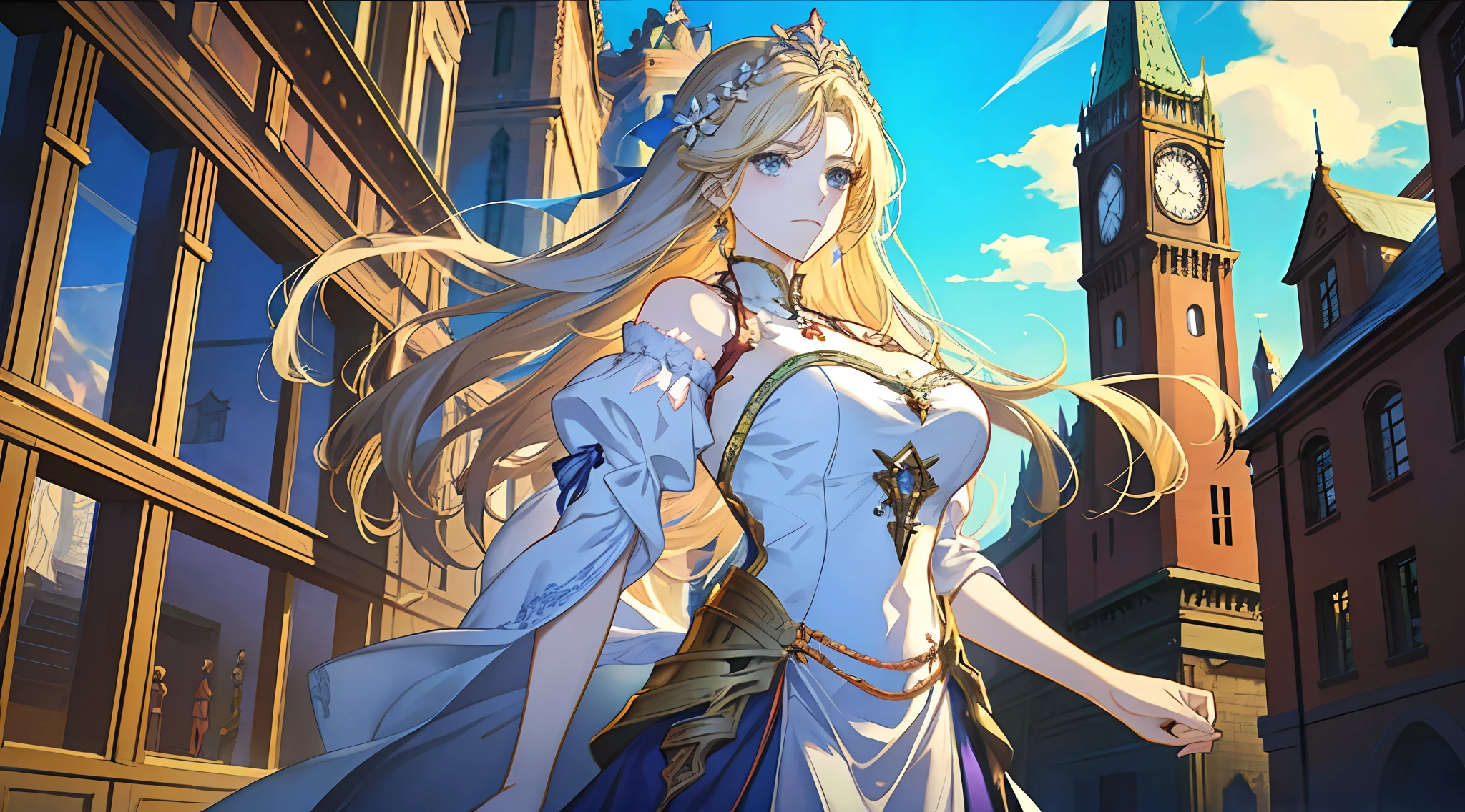 Anime girl wearing white dress，In the background is the bell tower, Kushatt Krenz Key Art Women, high detailed official artwork, ((a beautiful fantasy empress)), Anime goddess, granblue fantasy, blond-haired princess, beautiful teenage girl, Kawasi, Epic light novel art cover, trending on artstation pixiv, offcial art