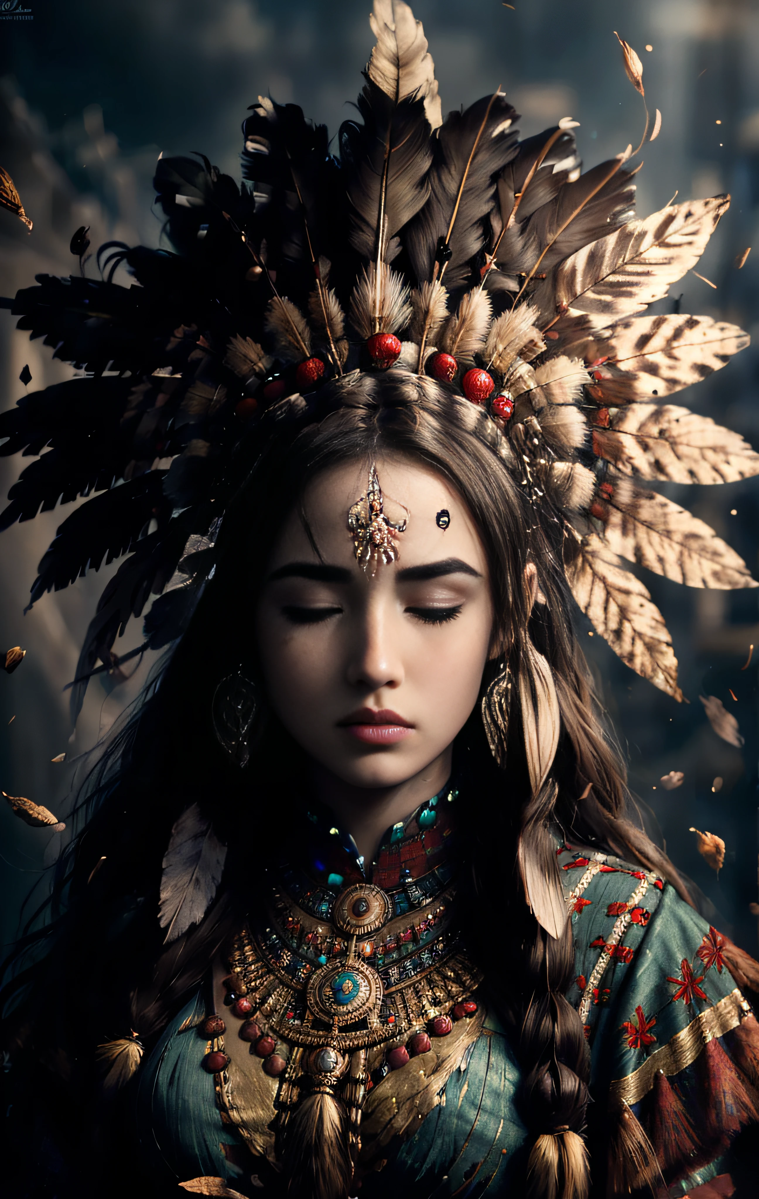 (full portrait), (half shot), solo, detailed background, detailed face, (stonepunkAI, stone theme:1.1), wise, (female), (native american), (beautiful hair, braids:0.2), shaman, septum piercing, mystical, (gorgeous face), stunning, head tilted upwards, (eyes closed, serene expression), calm, meditating, Seafoam Green frayed clothes, prayer beads, tribal jewelry, feathers in hair, headdress:0.33, jade, obsidian, detailed clothing, cleavage, realistic skin texture, (floating particles, water swirling, embers, ritual, whirlwind, wind:1.2), sharp focus, volumetric lighting, good highlights, good shading, subsurface scattering, intricate, highly detailed, ((cinematic)), dramatic, (highest quality, award winning, masterpiece:1.5), (photorealistic:1.5), (intricate symmetrical warpaint:0.5),