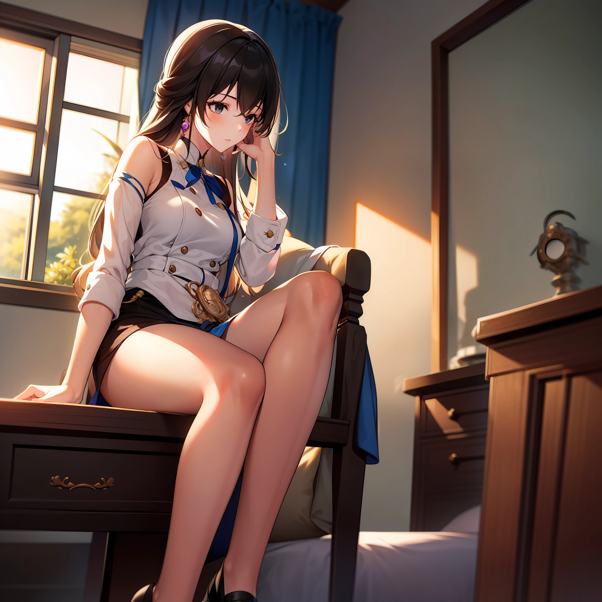 1girl, sitting on chair, shoes off, hand on knee, looking out of window, camera from bottom up, bedroom background, golden hour light, masterpiece, extremely detailed