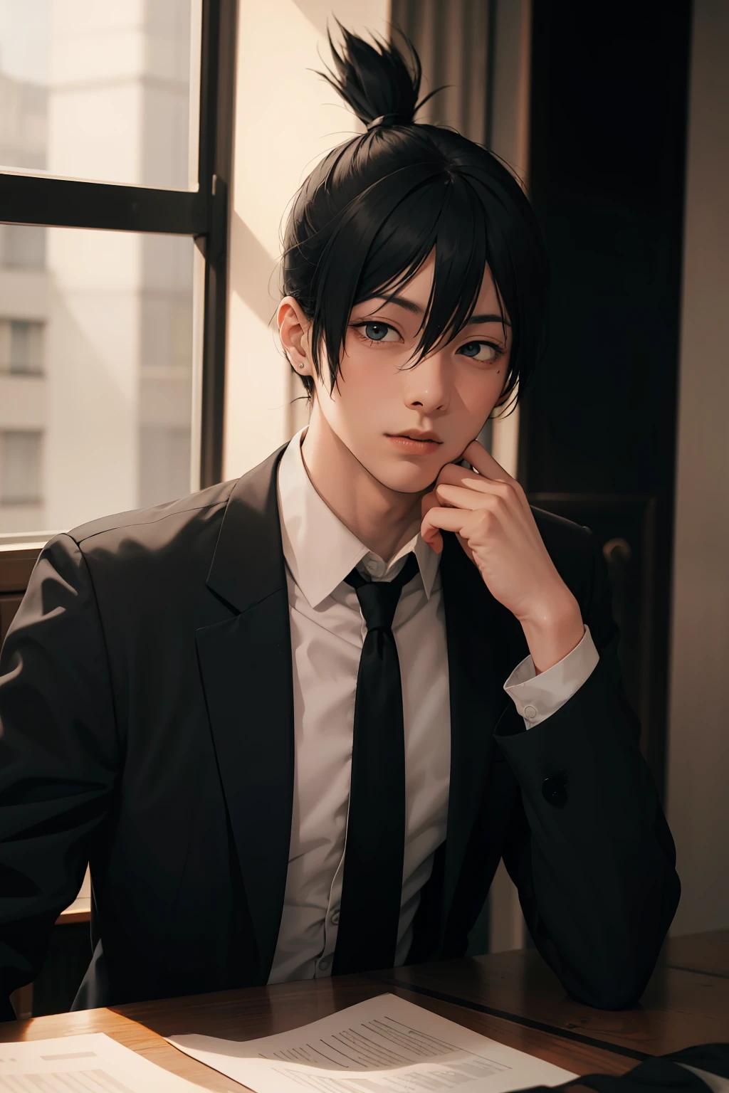 White collared shirt, Black tie, Black pants, Formal, masutepiece, Best Quality, High quality, 1boy, Solo, Male Focus, Looking at Viewer, Upper body, hayakawa_aki, topknot,