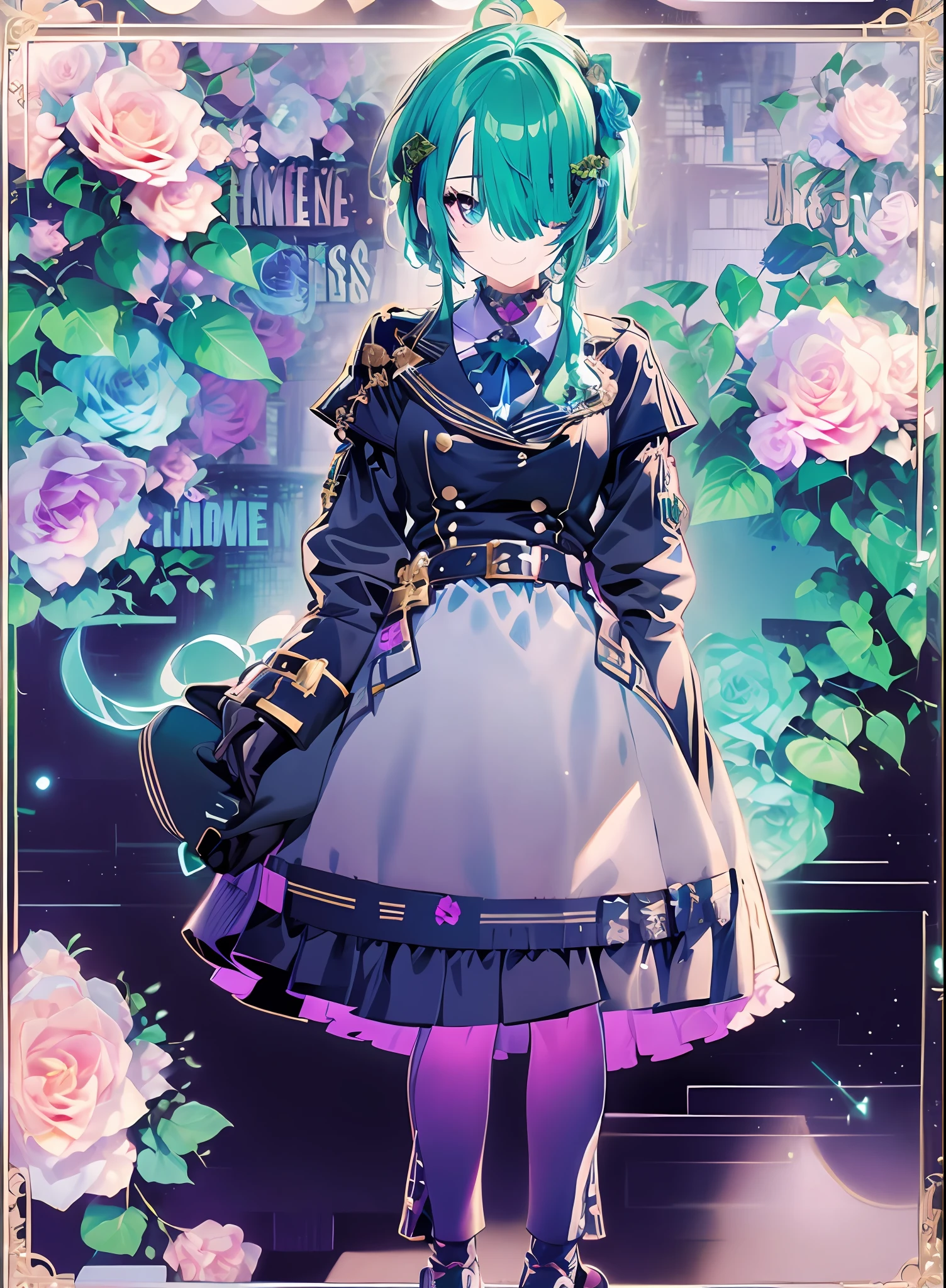Highly detailed detail、a smile、Konmutsuki_gacha_series1, punk_rosette, cute girl, aqua color flowers, full body, elegant flowers background