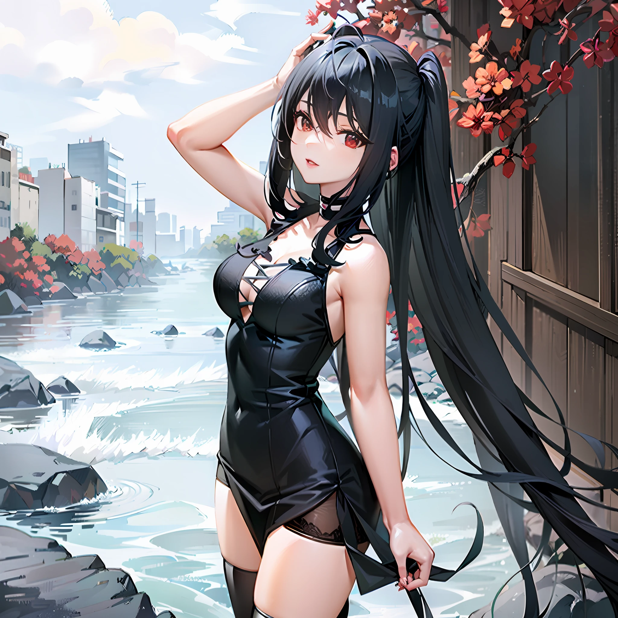 anime Frau standing on cliff by the sea in black dress, verführerische Anime-Mädchen, anime Frau wearing black dress, Schöner Anime girl, attraktive Anime-Mädchen, Anime-Moe-Kunststil, Stil von Anime4 K, Schöner Anime woman, Schöne und verführerische Anime-Frau, Schöner Anime, Sanfte Anime-CG-Kunst, Süße Anime-Waifu in einem schönen Kleid, (anime Frau)