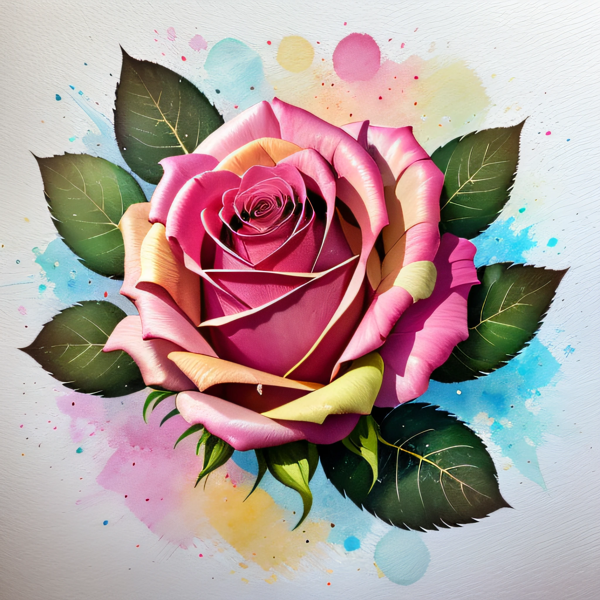 Eine Knospe einer offenen Rose im Aquarell-Stil, 32k-Qualitätsdesign, inspiriert vom T-Shirt-Design, im Aquarellstil, hergestellt von DSLR Camera, Vollbild, Zentralisiert, weißer Hintergrund, Maximale Qualität, Maximale Details.