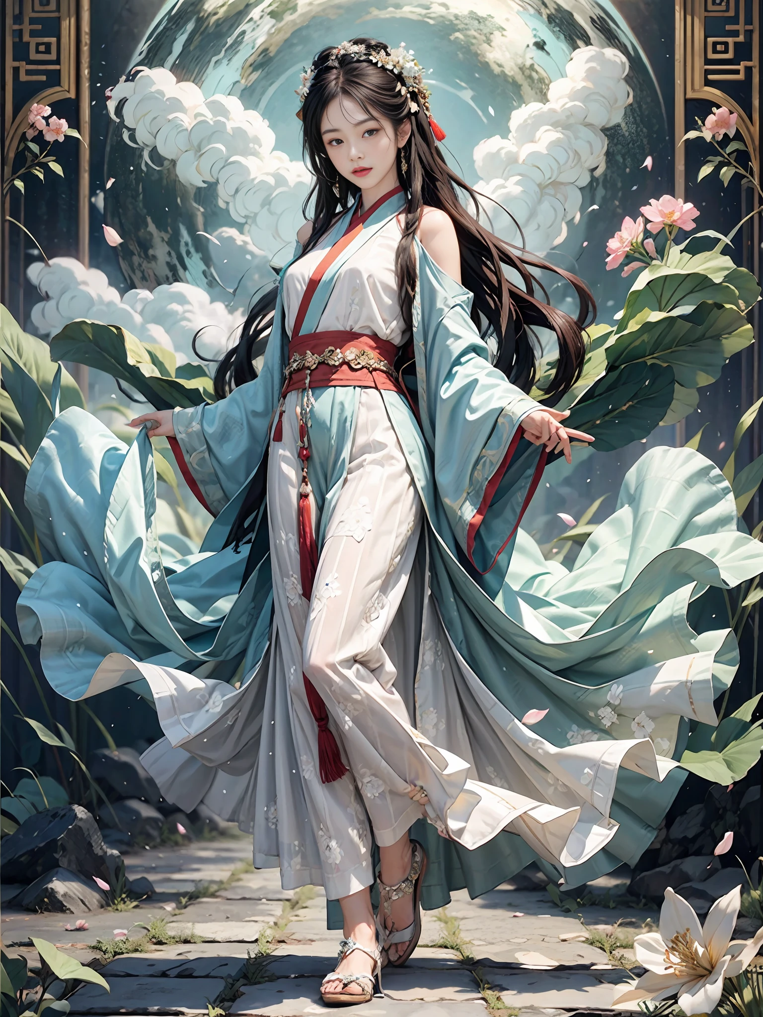 masterpiece,best quality,ancient
art,official art,aesthetic,
1girl, (full body: 1.2),solo, hanfu, dynamic posture,see through cloth, (flower blossom:1.2),jewelry,chinese,long_hair in the cloud,white smoke, misty,cyan mountain, light smile,shy, (arms behind back:1.8), fingers behind back,looking at viewer, Elegant,