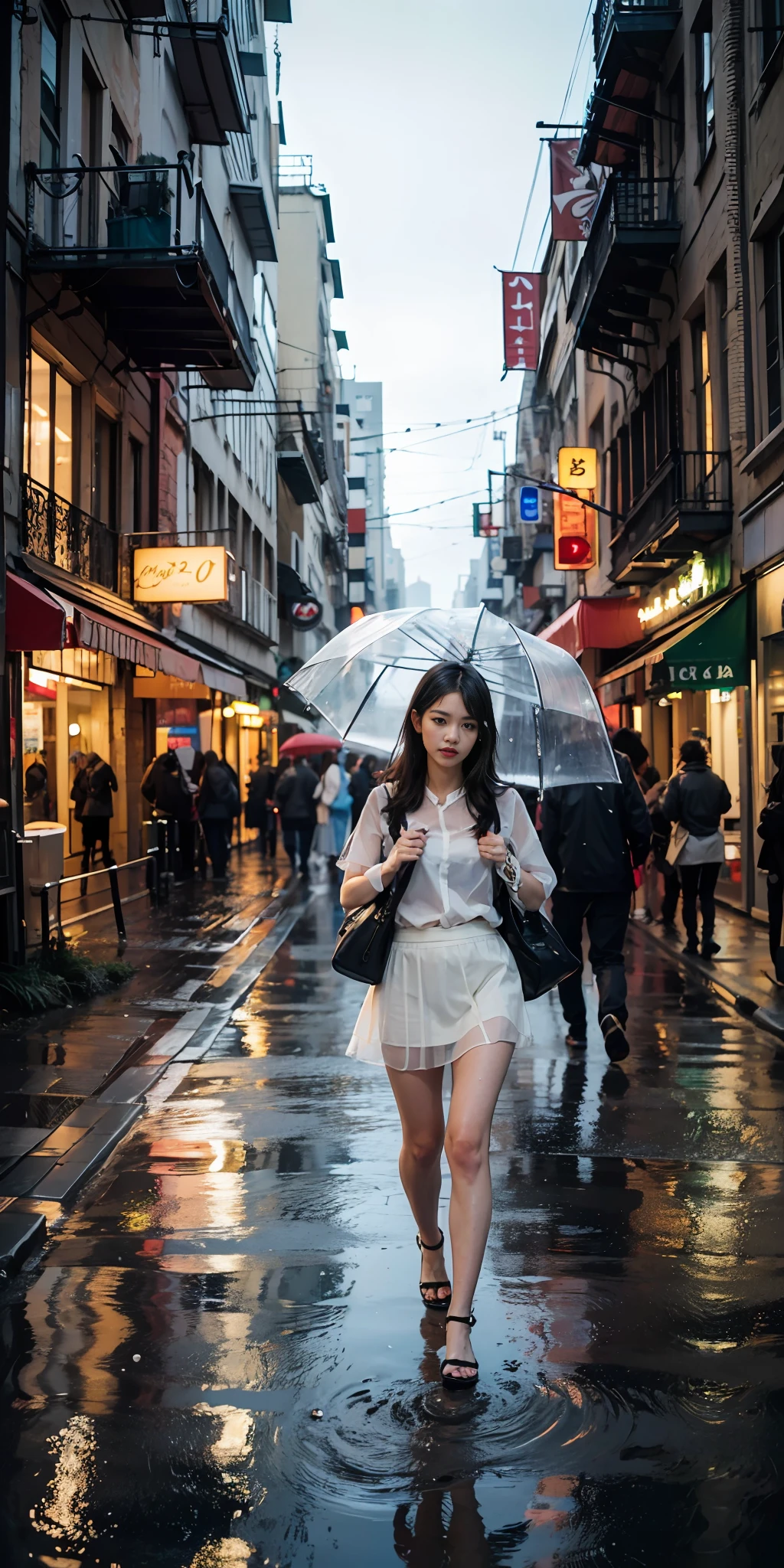 (8K, 原始照片, 高靈敏度, 最好的品質, 傑作, 超高解析度, 保真度: 1.25), 上半身, (夜晚), 雨, 走, 城市的灯光, 精緻的臉, 濕白襯衫, 濕歐根紗裙子