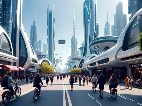 futurecity, day, a bustling city street filled with people walking and riding bicycles. The street is lined with tall buildings,...