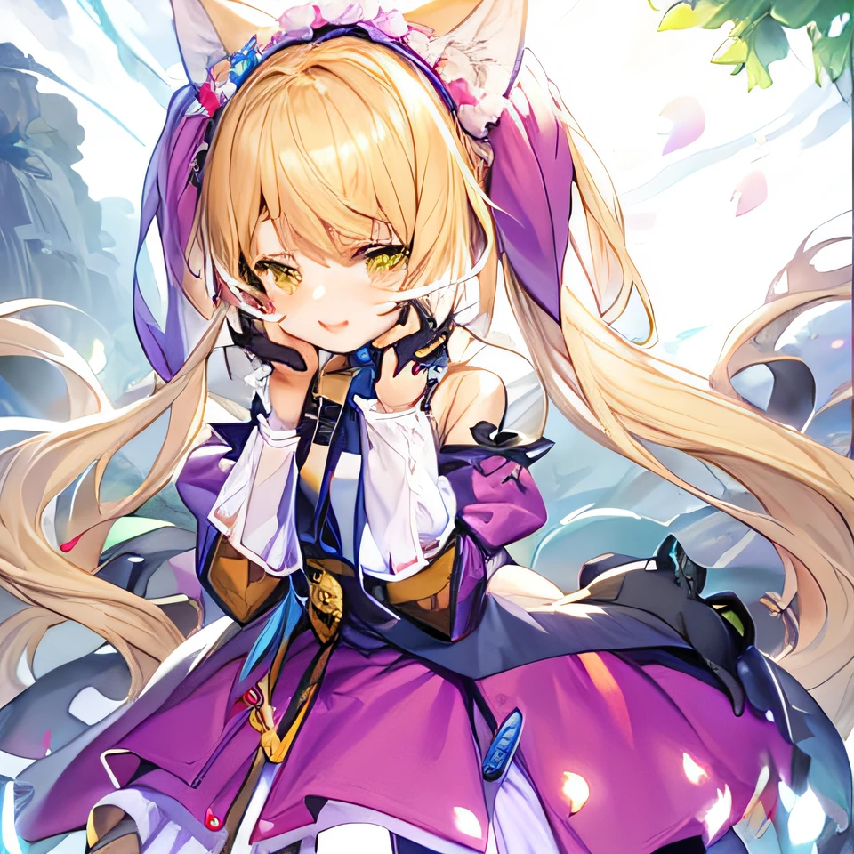 Chica anime rubia larga con vestido morado y orejas de gato, salpicadura de anime , muy hermosa chica gato anime, anime visual de una linda chica, Lindo anime waifu con un bonito vestido., impacto de ayaka genshin, estilo carril azul, Una escena de la《Videojuego Gun God, hermosa chica gata anime, Kawasi, Chica de anime con orejas de gato --auto