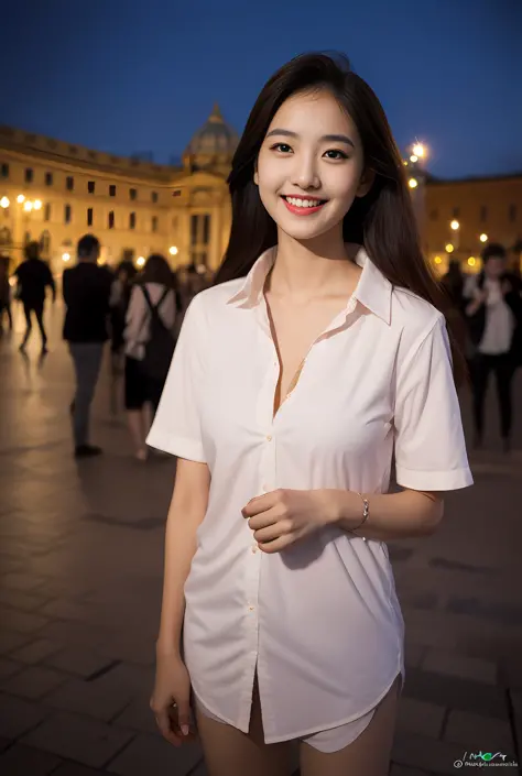 Best quality, Miniskirt, Smile, Red eyes, colorful top, , (8K, Best quality, 巨作:1.2), (Realistic, photo-realistic:1.37), Ultra-detailed, full body, tiny small waist, (1girll),kawaii,Beautiful detailed sky,(on the St. Peter's Square of Vatican,crowd of,),Ni...
