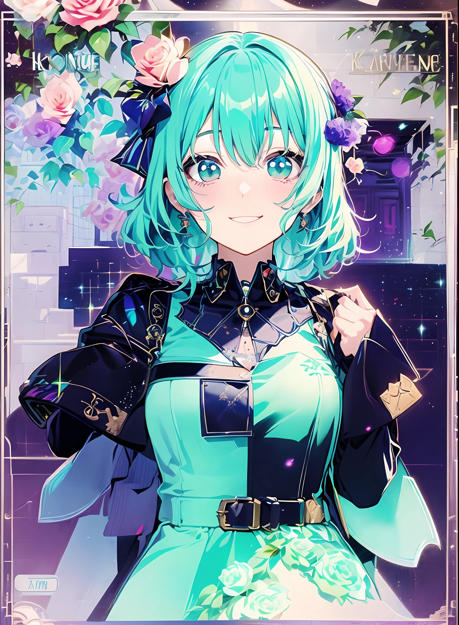 glad、Shy laughter、Gentle expression、higher detailed character facees, Konmutsuki_gacha_series1, punk_rosette, cute girl, aqua color flowers, full body, elegant flowers background