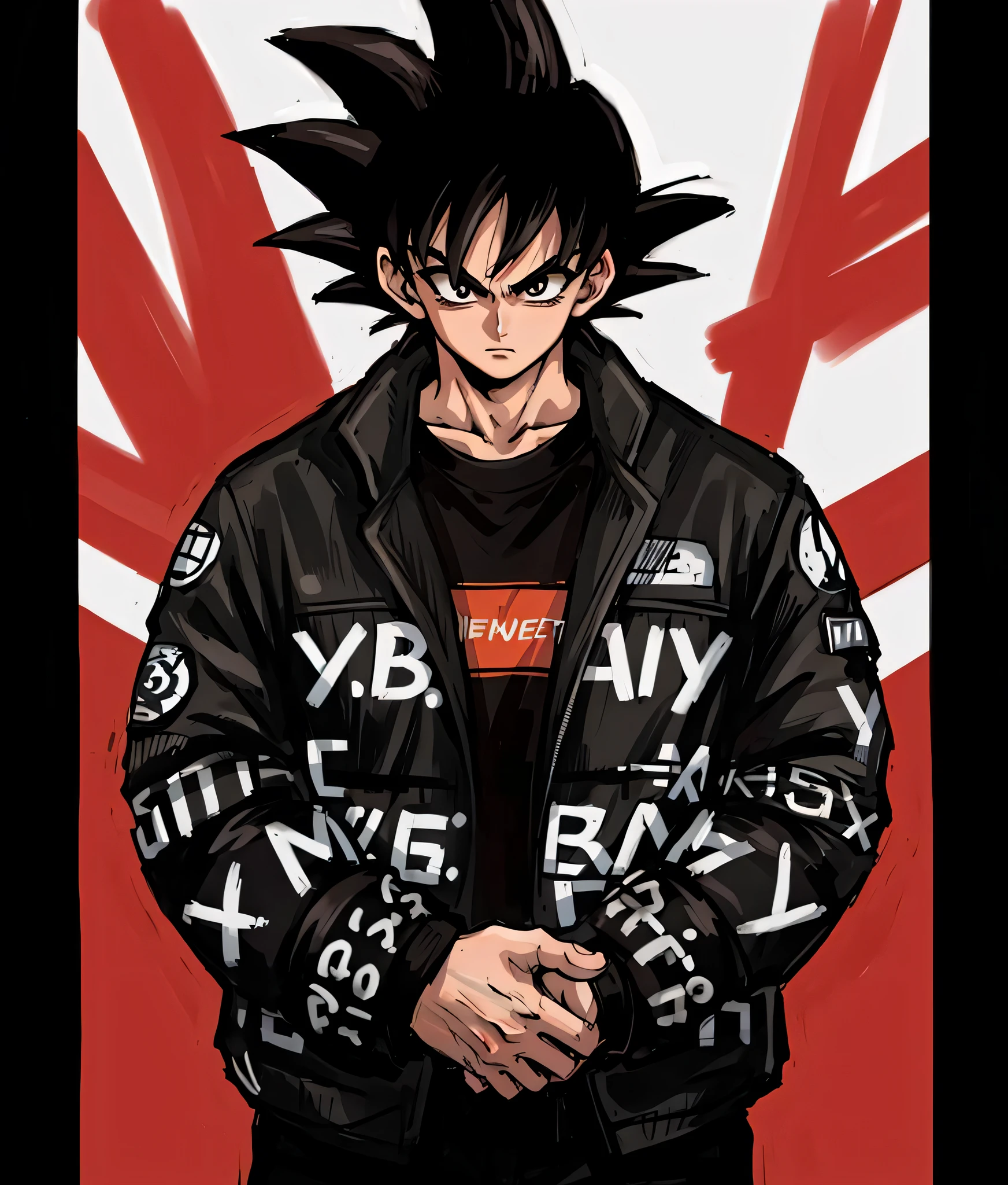 Best quality, masterpiece, extreme quality, cg, detailed face, perfect lighting, high quality, highres, dripjacket, own hands together, son_goku,cowboy shot, feet_out_of_frame, looking at viewer ,standing, white background, simple background ,. Black hair, solo, 1boy,